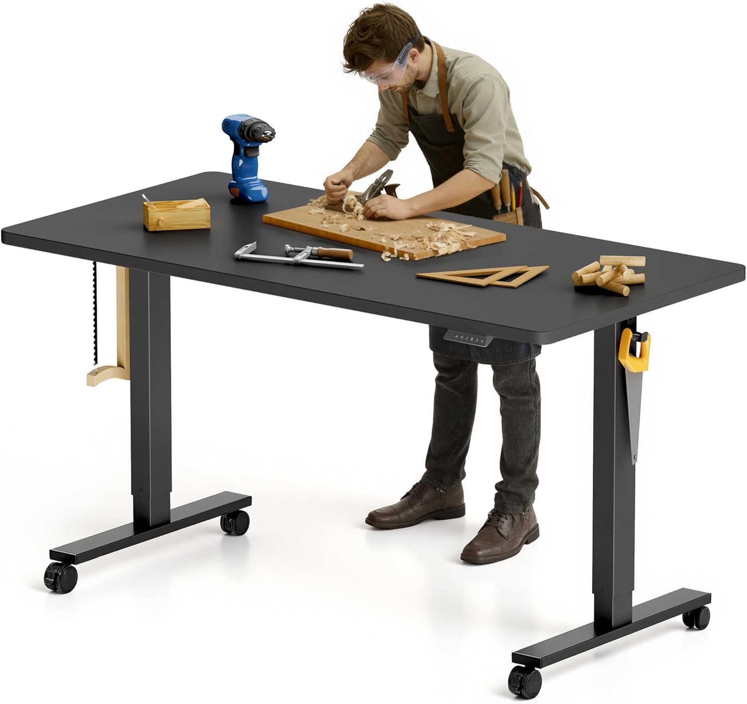 image:imageFLEXISPOT Electric Adjustable Workbench 55x28 Inches Ergonomic Worktable with Drawer for Garage Workshop Office and Home Spacious Desktop for Woodworking Sewing and Crafts White 3 Packages5528 Black