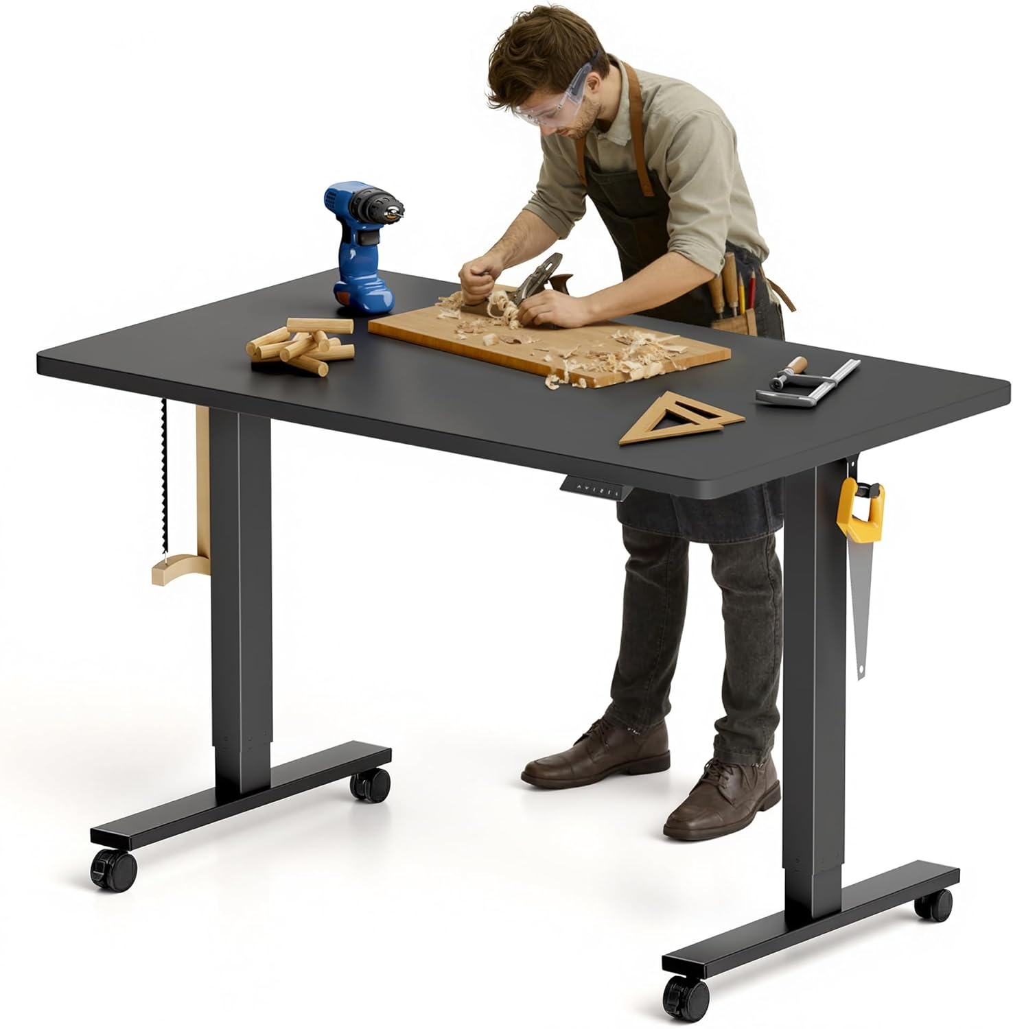 image:imageFLEXISPOT Electric Adjustable Workbench 55x28 Inches Ergonomic Worktable with Drawer for Garage Workshop Office and Home Spacious Desktop for Woodworking Sewing and Crafts White 3 Packages4830 Black