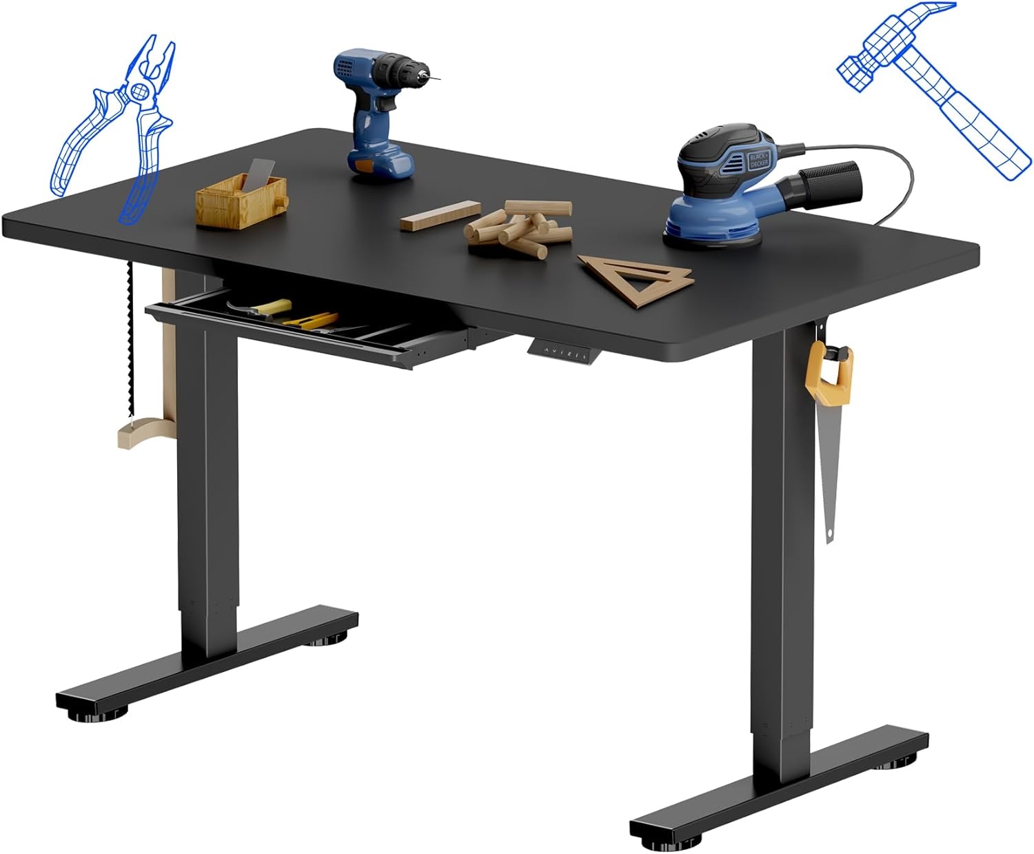 image:imageFLEXISPOT Electric Adjustable Workbench 55x28 Inches Ergonomic Worktable with Drawer for Garage Workshop Office and Home Spacious Desktop for Woodworking Sewing and Crafts White 3 Packages4830 Black