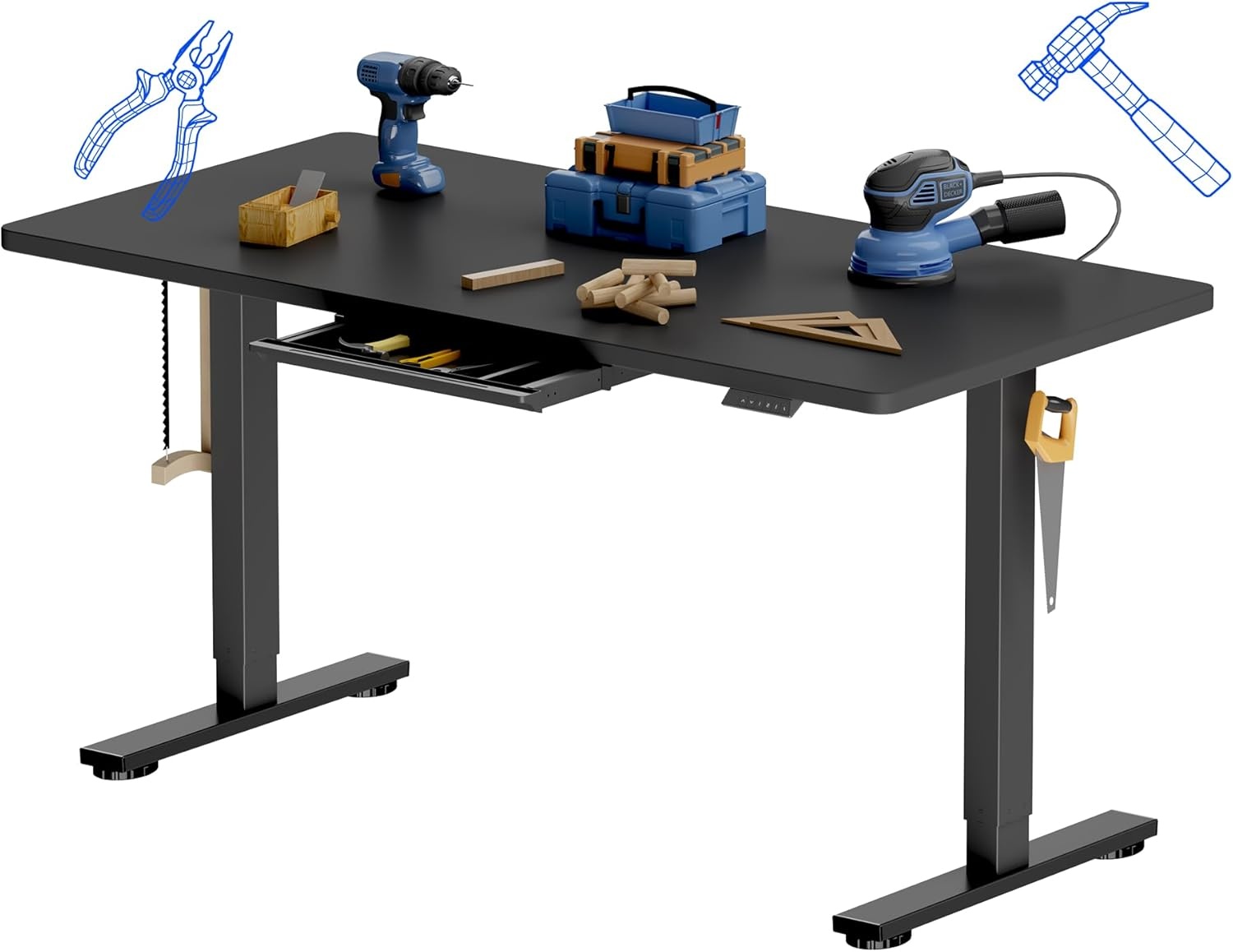 image:imageFLEXISPOT Electric Adjustable Workbench 55x28 Inches Ergonomic Worktable with Drawer for Garage Workshop Office and Home Spacious Desktop for Woodworking Sewing and Crafts White 3 Packages5528 Black