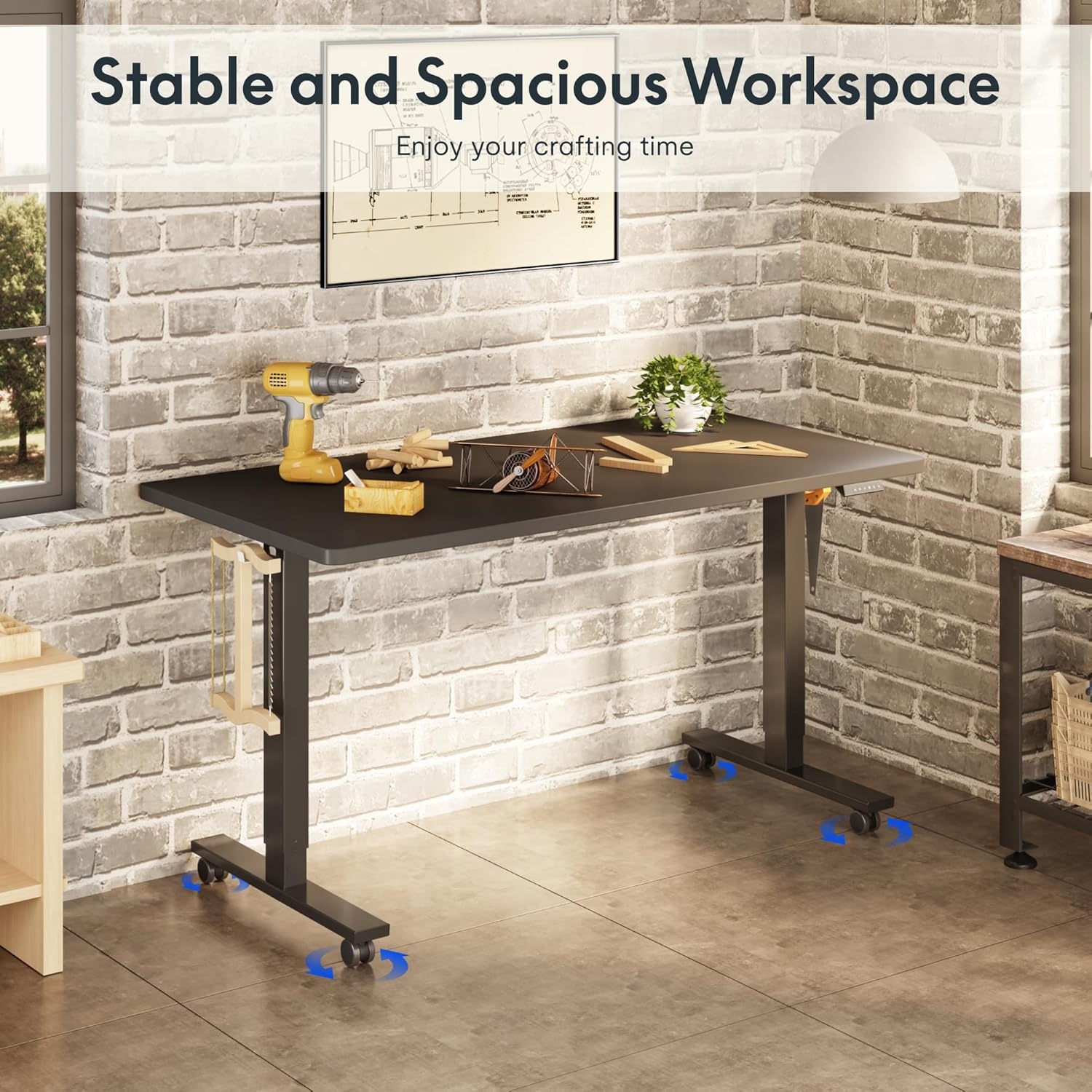 image:imageFLEXISPOT Electric Adjustable Workbench 55x28 Inches Ergonomic Worktable with Drawer for Garage Workshop Office and Home Spacious Desktop for Woodworking Sewing and Crafts White 3 Packages5528 Black