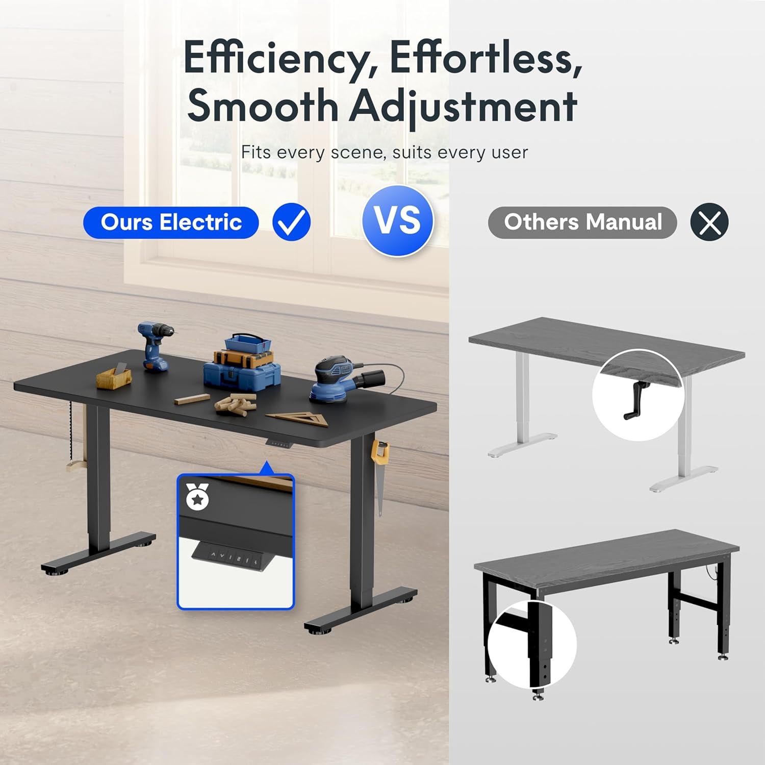 image:imageFLEXISPOT Electric Adjustable Workbench 55x28 Inches Ergonomic Worktable with Drawer for Garage Workshop Office and Home Spacious Desktop for Woodworking Sewing and Crafts White 3 Packages5528 Black