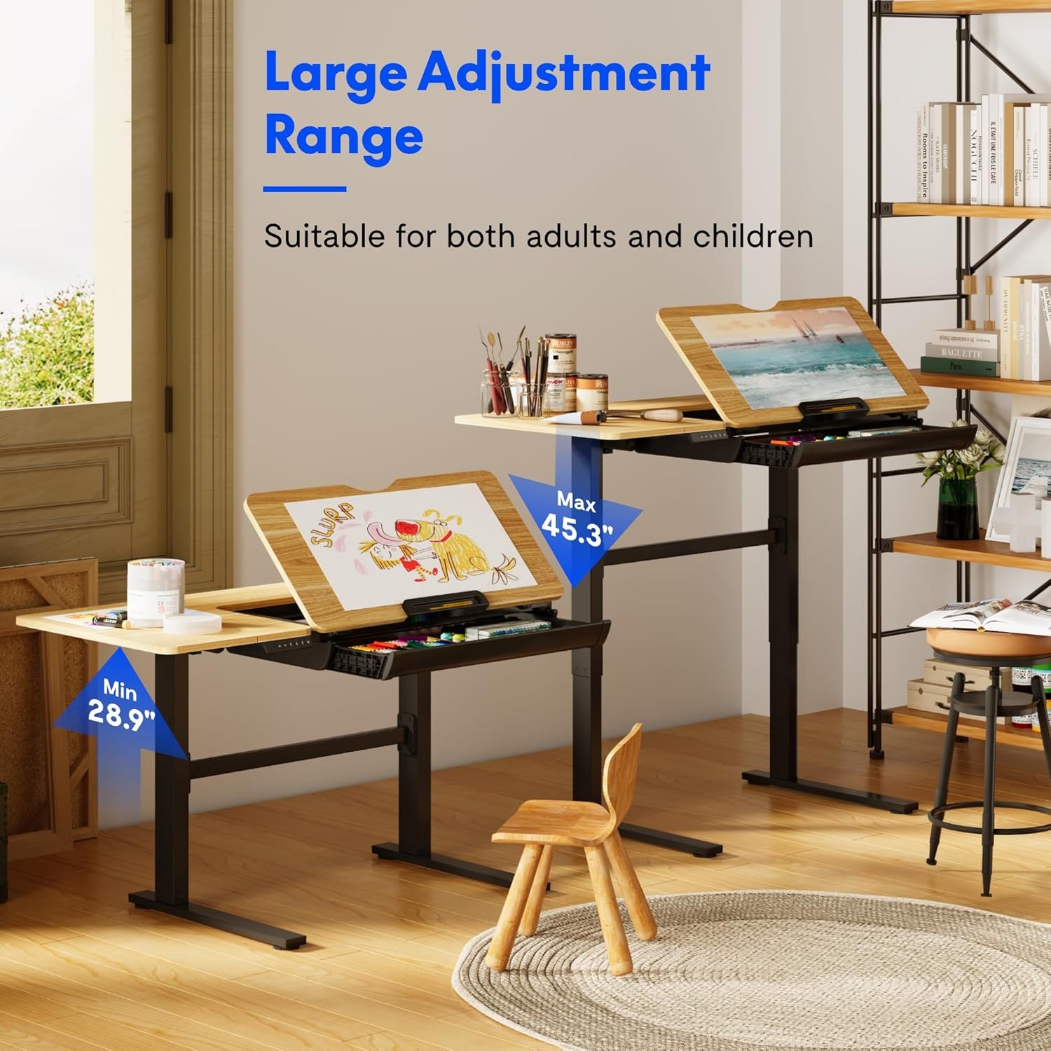 image:imageFLEXISPOT Electric Drafting Table Adjustable Height 472x236 Standing Drawing Desk Extendable Top Craft Workstation wTilting Tabletop Storage Drawer for Study Office Studio Art Adult amp Kid