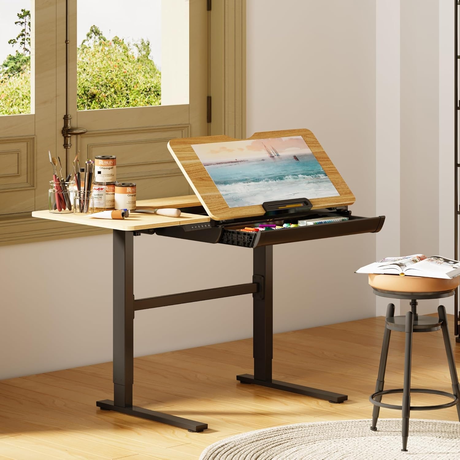 image:imageFLEXISPOT Electric Drafting Table Adjustable Height 472x236 Standing Drawing Desk Extendable Top Craft Workstation wTilting Tabletop Storage Drawer for Study Office Studio Art Adult amp Kid