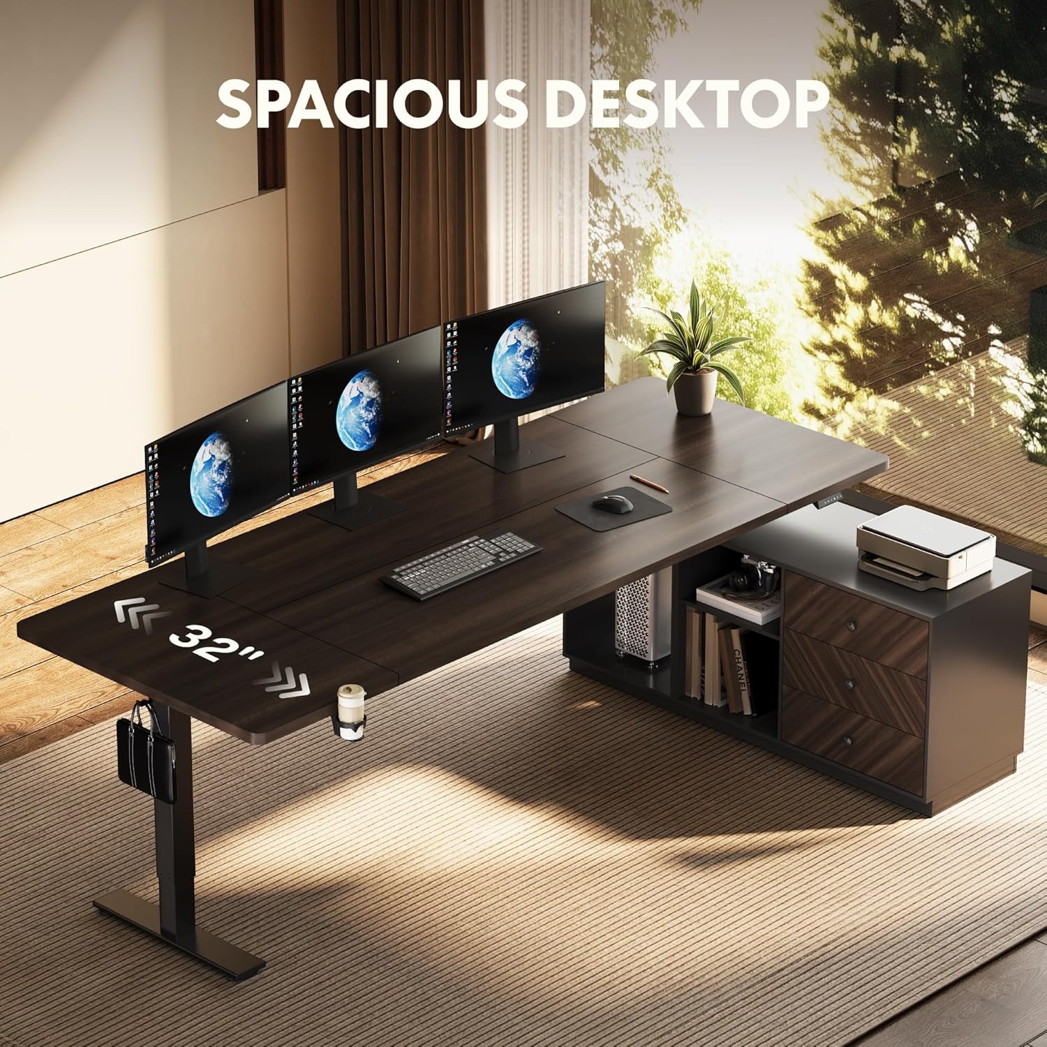 image:imageFLEXISPOT L Shaped Standing Desk with Drawers Large Electric Height Adjustable Executive Desk Sit Stand Desk for Home Office and Workstation Hooks and USB Port 63x28 White Wood GrainBlack Walnut