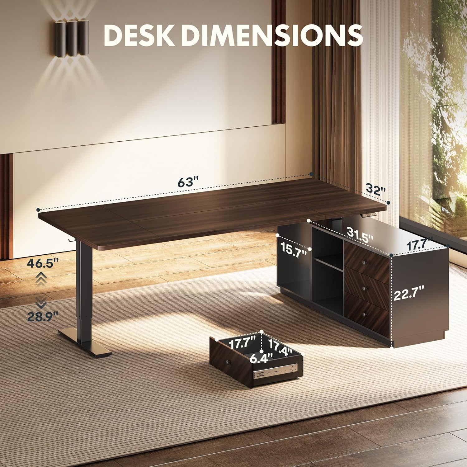 image:imageFLEXISPOT L Shaped Standing Desk with Drawers Large Electric Height Adjustable Executive Desk Sit Stand Desk for Home Office and Workstation Hooks and USB Port 63x28 White Wood GrainBlack Walnut
