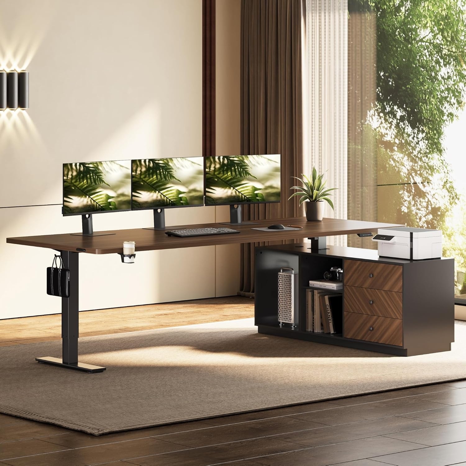 image:imageFLEXISPOT L Shaped Standing Desk with Drawers Large Electric Height Adjustable Executive Desk Sit Stand Desk for Home Office and Workstation Hooks and USB Port 63x28 White Wood GrainBlack Walnut