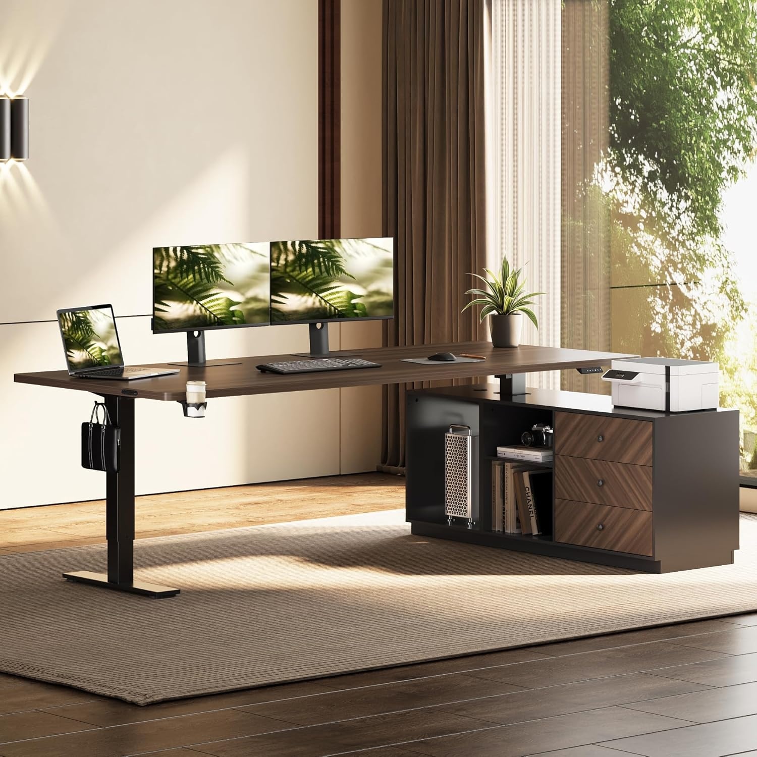 image:imageFLEXISPOT L Shaped Standing Desk with Drawers Large Electric Height Adjustable Executive Desk Sit Stand Desk for Home Office and Workstation Hooks and USB Port 63x28 White Wood GrainBlack Walnut