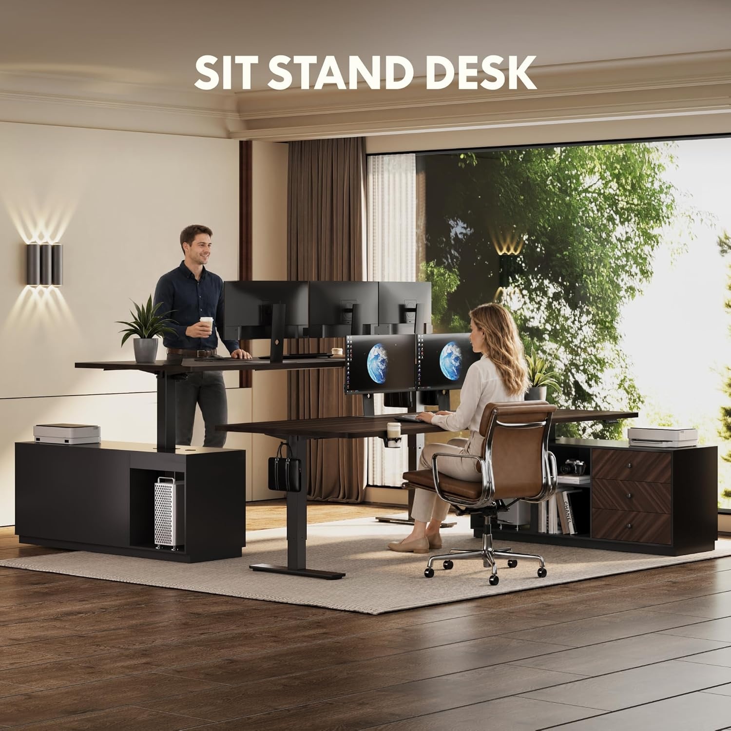image:imageFLEXISPOT L Shaped Standing Desk with Drawers Large Electric Height Adjustable Executive Desk Sit Stand Desk for Home Office and Workstation Hooks and USB Port 63x28 White Wood GrainBlack Walnut