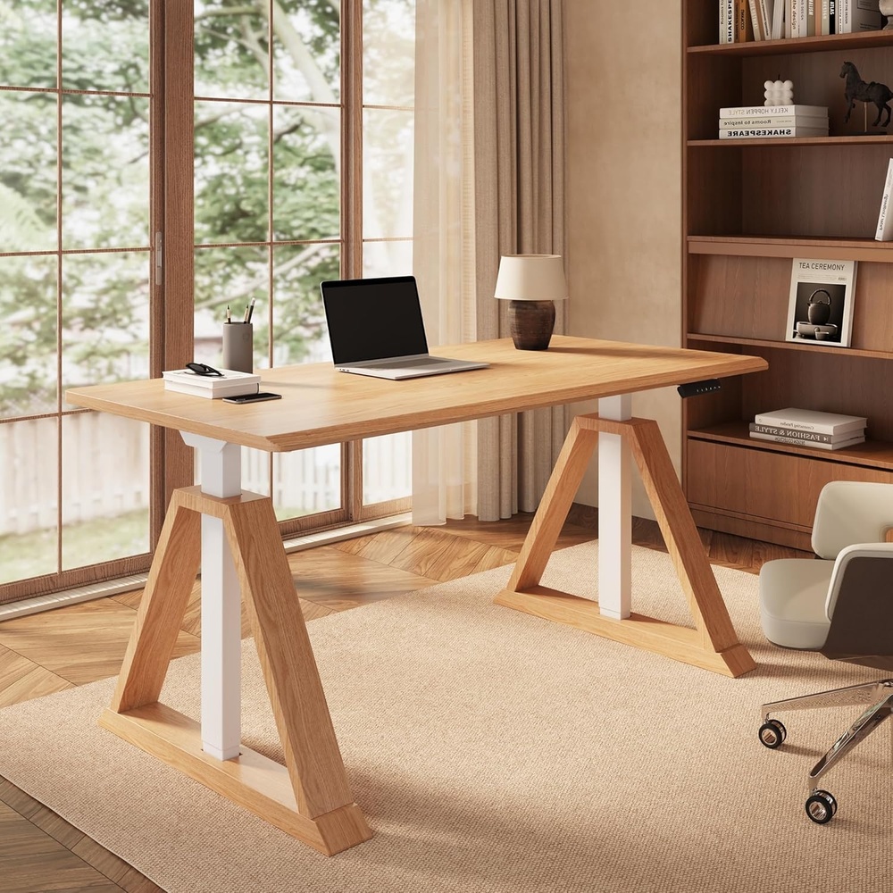 image:imageFLEXISPOT 55 x 48 Inch L Shaped Executive Standing Desk Electric Height Adjustable Desk with Drawers Large Corner Desk for Home Office and Workstation CherryNatural