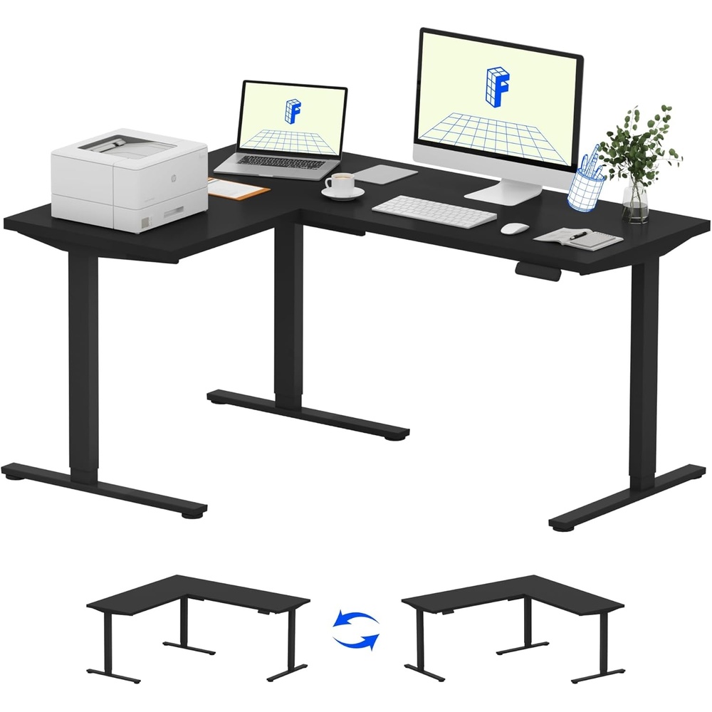 image:imageFLEXISPOT 63 L Shaped Standing Desk with Shelf Electric Corner Table Drawers Adjustable Computer Workstation for Home Office63x55in White Top White FrameBasic
