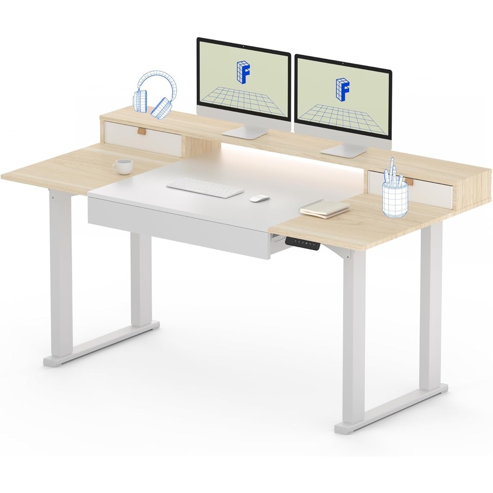 image:imageFLEXISPOT 63x32 in 4Leg Standing Desk with Storage Electric Adjustable Height with 3 Drawers amp Shelving Home Office Workstation Black Special Walnut TopWhite Frame White Maple Top With Drawers