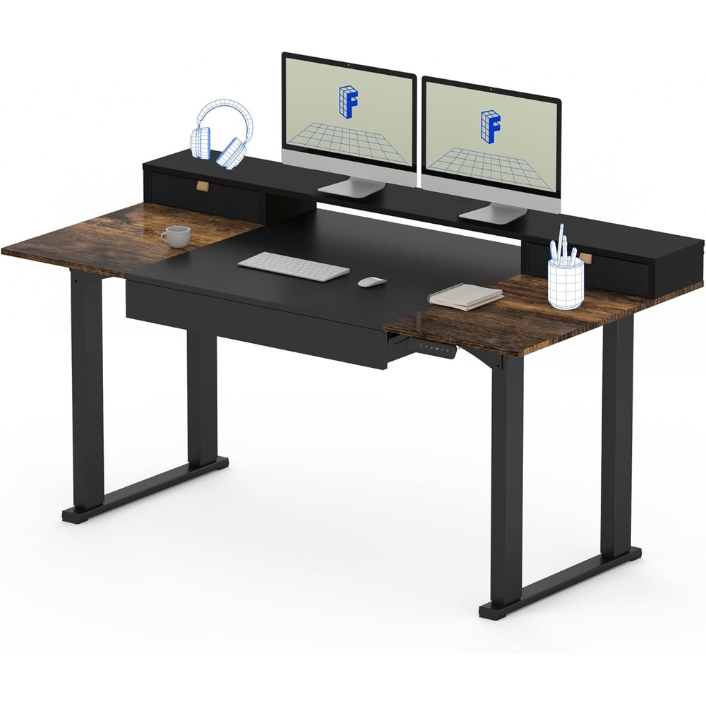 image:imageFLEXISPOT 63x32 in 4Leg Standing Desk with Storage Electric Adjustable Height with 3 Drawers amp Shelving Home Office Workstation Black Special Walnut TopBlack Frame Black Special Walnut Top With Drawers