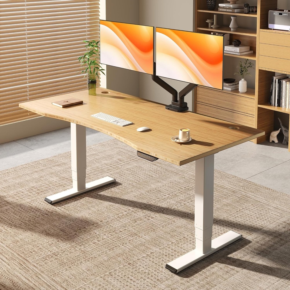 image:imageFLEXISPOT E6 MAX Bamboo Dual Motor 48x24 Inch 3Stage Heavy Duty Standing Desk 330lbs Weight Capacity Height Adjustable Desk wCable Management amp Wheels Solid Bamboo Desktop Black FrameWhite Frame Curved Bamboo Top
