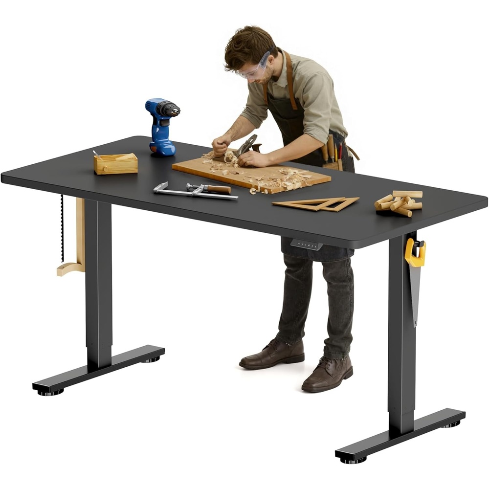 image:imageFLEXISPOT Electric Adjustable Workbench 55x28 Inches Ergonomic Worktable with Drawer for Garage Workshop Office and Home Spacious Desktop for Woodworking Sewing and Crafts White 3 Packages5528 Black