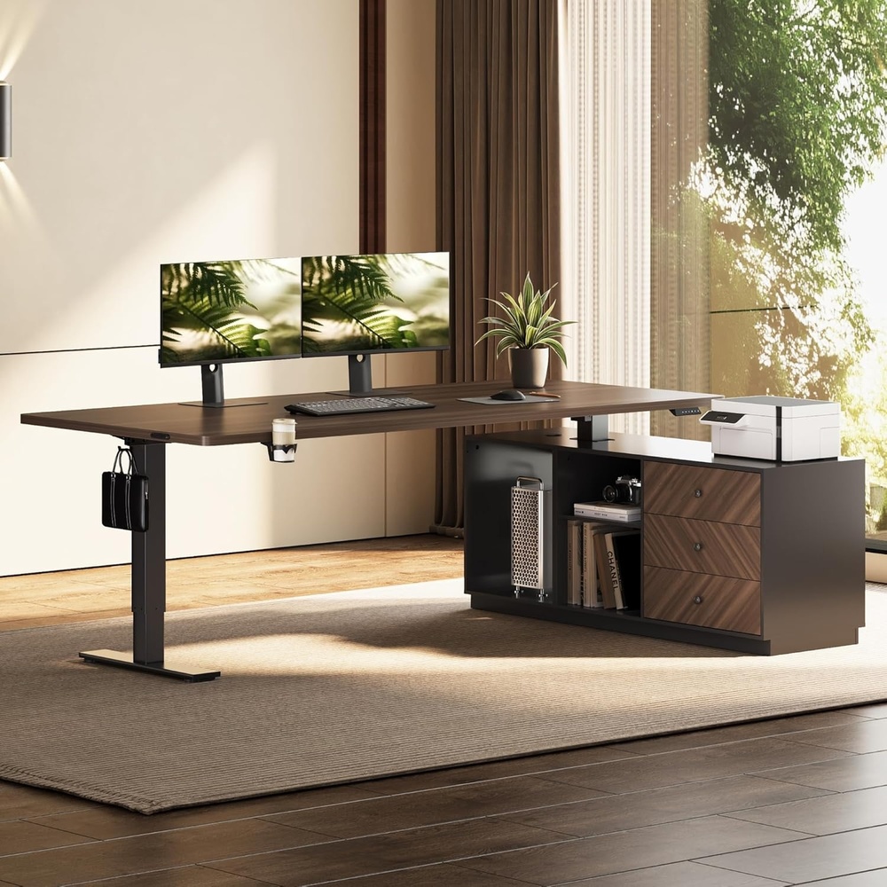 image:imageFLEXISPOT L Shaped Standing Desk with Drawers Large Electric Height Adjustable Executive Desk Sit Stand Desk for Home Office and Workstation Hooks and USB Port 63x28 White Wood GrainBlack Walnut