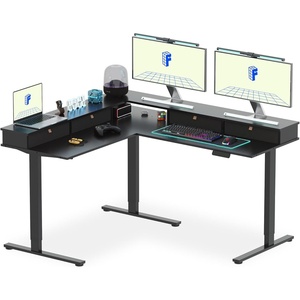 image:imageFLEXISPOT 63 L Shaped Standing Desk with Shelf Electric Corner Table Drawers Adjustable Computer Workstation for Home Office63x55in White Top  White Framewith Shelf