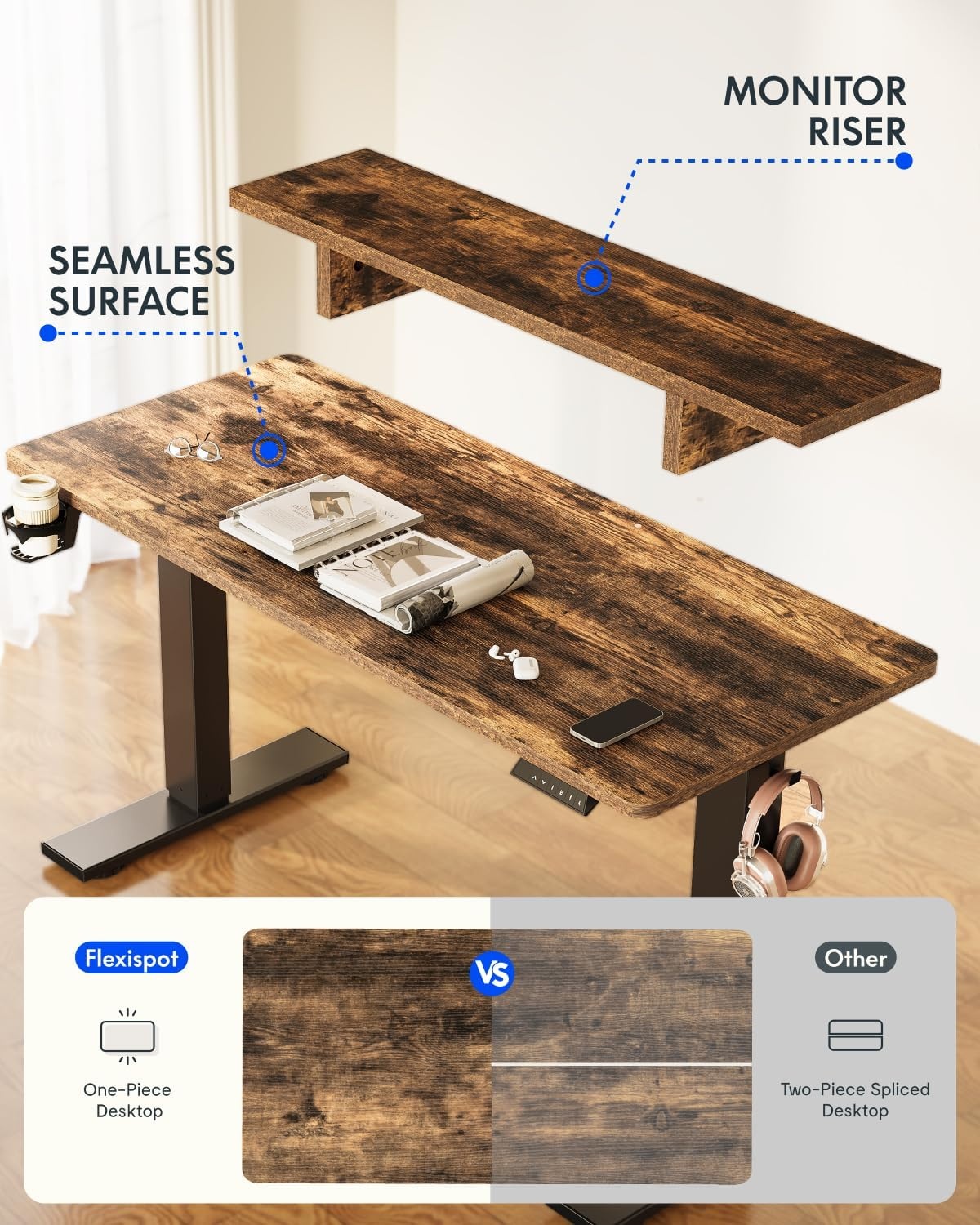 image:imageFLEXISPOT 71x32 Inch Electric Large Standing Desk for Home amp Office Spacious Splice Board Desk with Cable Management amp Organizer Cup Holder amp Hook BlackRustic Riser