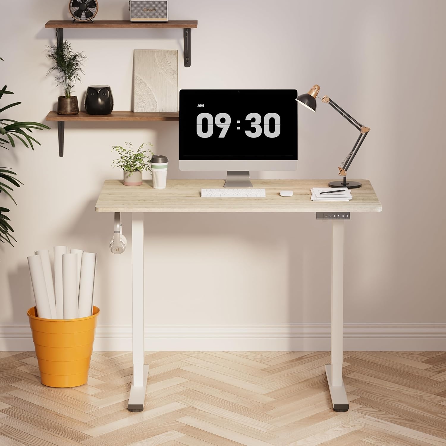 image:imageFLEXISPOT EN1 OnePiece Standing Desk 48x24 Seamless Desktop Electric Height Adjustable Desk for Home Office MultiMonitor Setups amp Easy Assembly MapleWhite Wood Grain