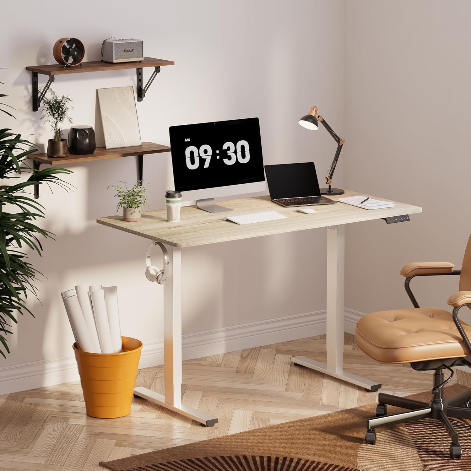 image:imageFLEXISPOT EN1 OnePiece Standing Desk 48x24 Seamless Desktop Electric Height Adjustable Desk for Home Office MultiMonitor Setups amp Easy Assembly MapleWhite Wood Grain
