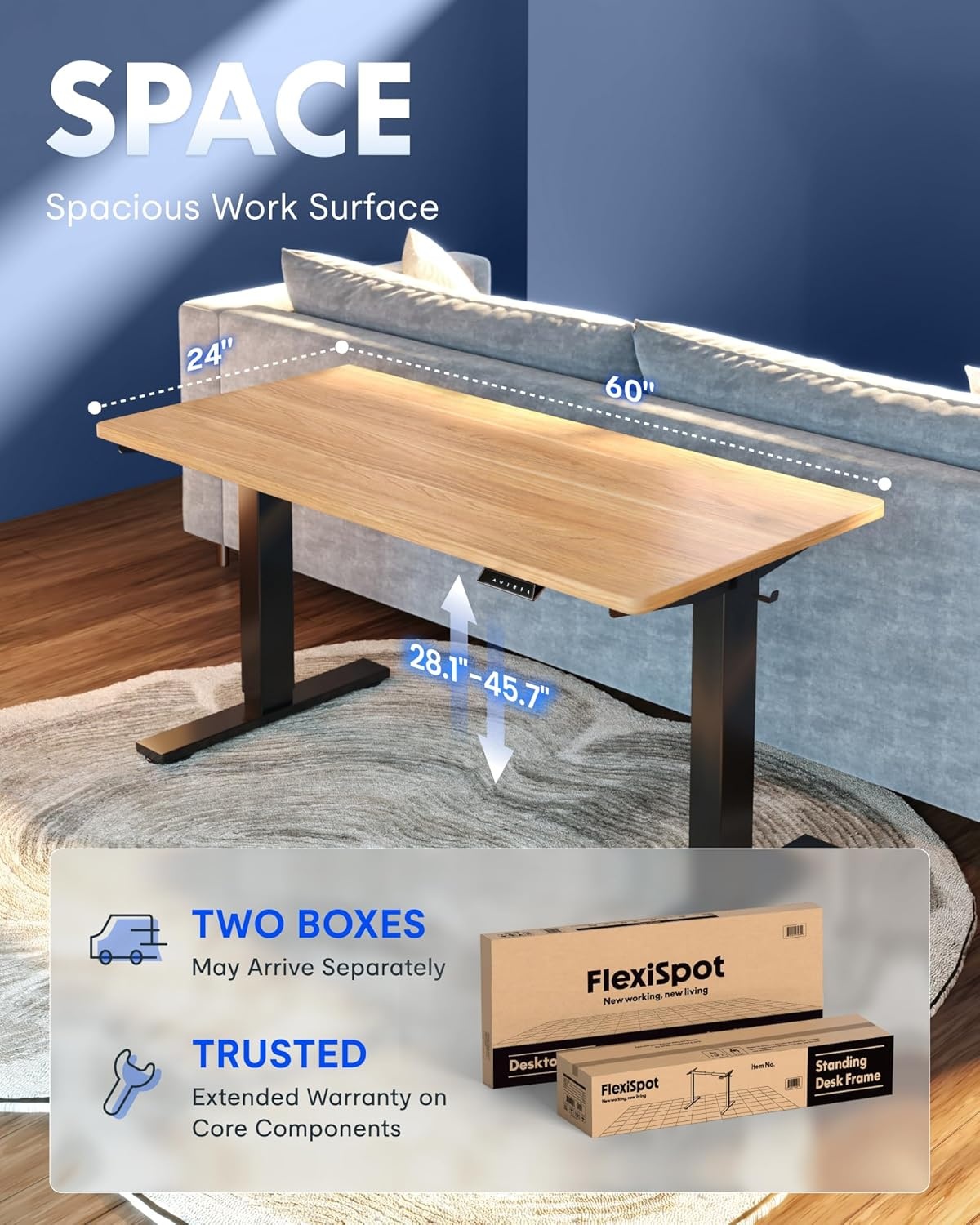 image:imageFLEXISPOT EN1 OnePiece Standing Desk Electric Adjustable with 4 Memory Presets 176 LBS Capacity Stable amp Quiet Seamless Desktop for Home Office amp Dual Monitors 48x24 BlackMaple