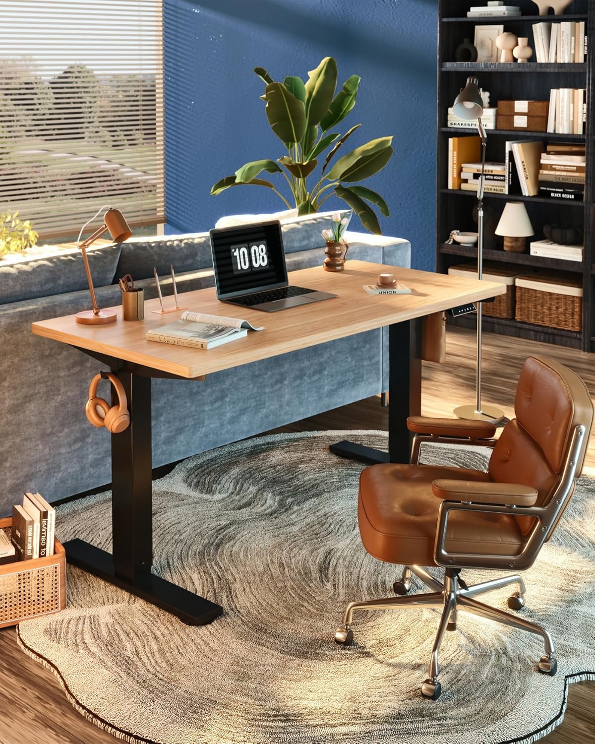 image:imageFLEXISPOT EN1 OnePiece Standing Desk Electric Adjustable with 4 Memory Presets 176 LBS Capacity Stable amp Quiet Seamless Desktop for Home Office amp Dual Monitors 48x24 BlackMaple