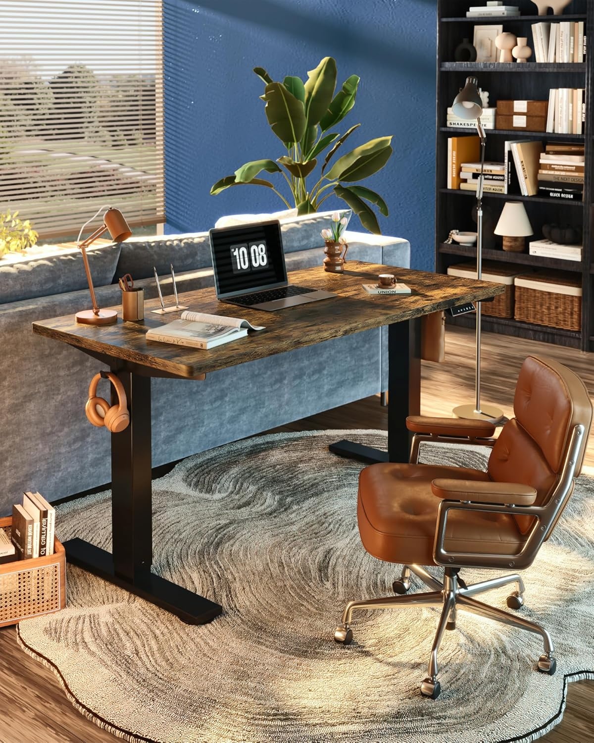 image:imageFLEXISPOT EN1 OnePiece Standing Desk Electric Adjustable with 4 Memory Presets 176 LBS Capacity Stable amp Quiet Seamless Desktop for Home Office amp Dual Monitors 48x24 BlackRustic Brown
