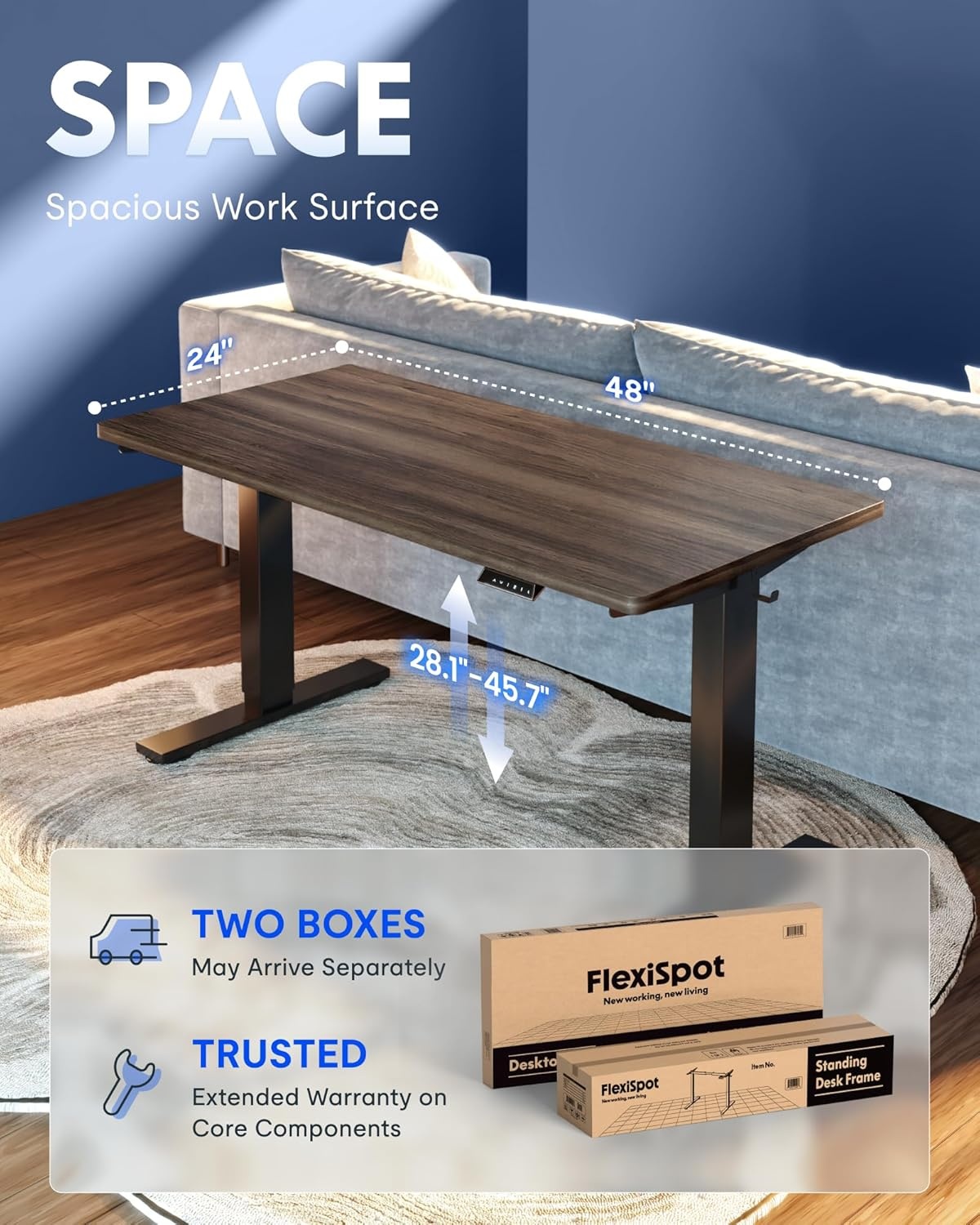 image:imageFLEXISPOT EN1 OnePiece Standing Desk Electric Adjustable with 4 Memory Presets 176 LBS Capacity Stable amp Quiet Seamless Desktop for Home Office amp Dual Monitors 48x24 BlackBlack Walnut