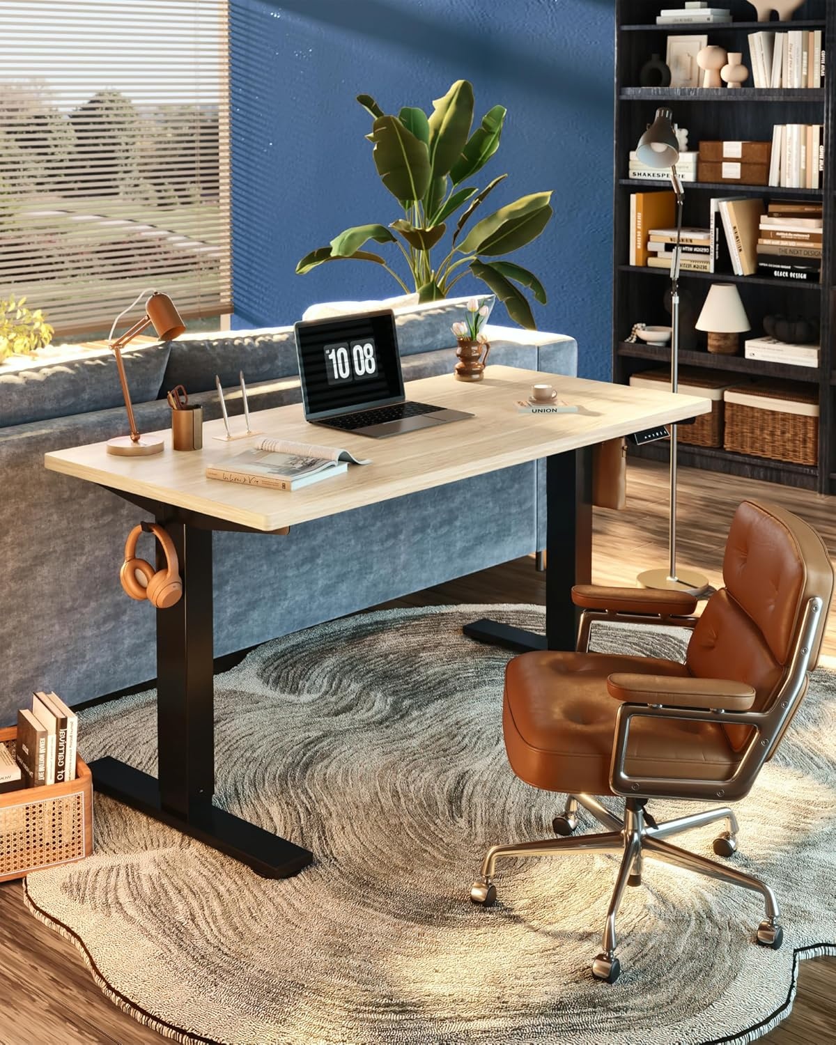 image:imageFLEXISPOT EN1 OnePiece Standing Desk Electric Adjustable with 4 Memory Presets 176 LBS Capacity Stable amp Quiet Seamless Desktop for Home Office amp Dual Monitors 48x24 BlackWhite Wood Grain