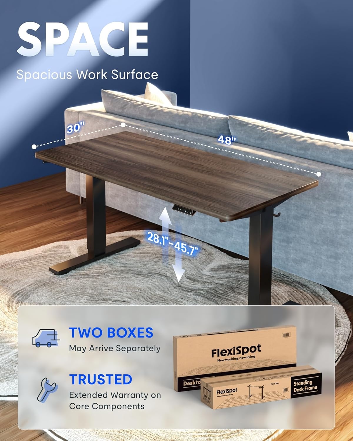 image:imageFLEXISPOT EN1 OnePiece Standing Desk Electric Adjustable with 4 Memory Presets 176 LBS Capacity Stable amp Quiet Seamless Desktop for Home Office amp Dual Monitors 48x24 BlackBlack Walnut