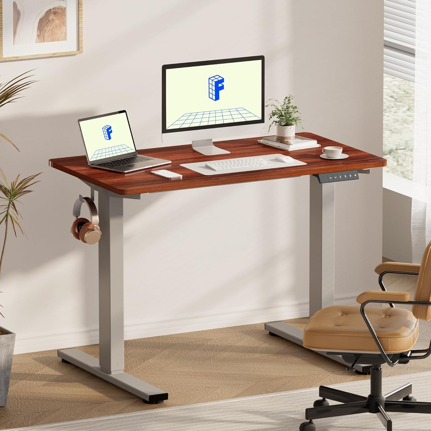 image:imageFLEXISPOT EN1 OnePiece Standing Desk Electric Adjustable with 4 Memory Presets 176 LBS Capacity Stable amp Quiet Seamless Desktop for Home Office amp Dual Monitors 48x24 BlackSilvermahogany