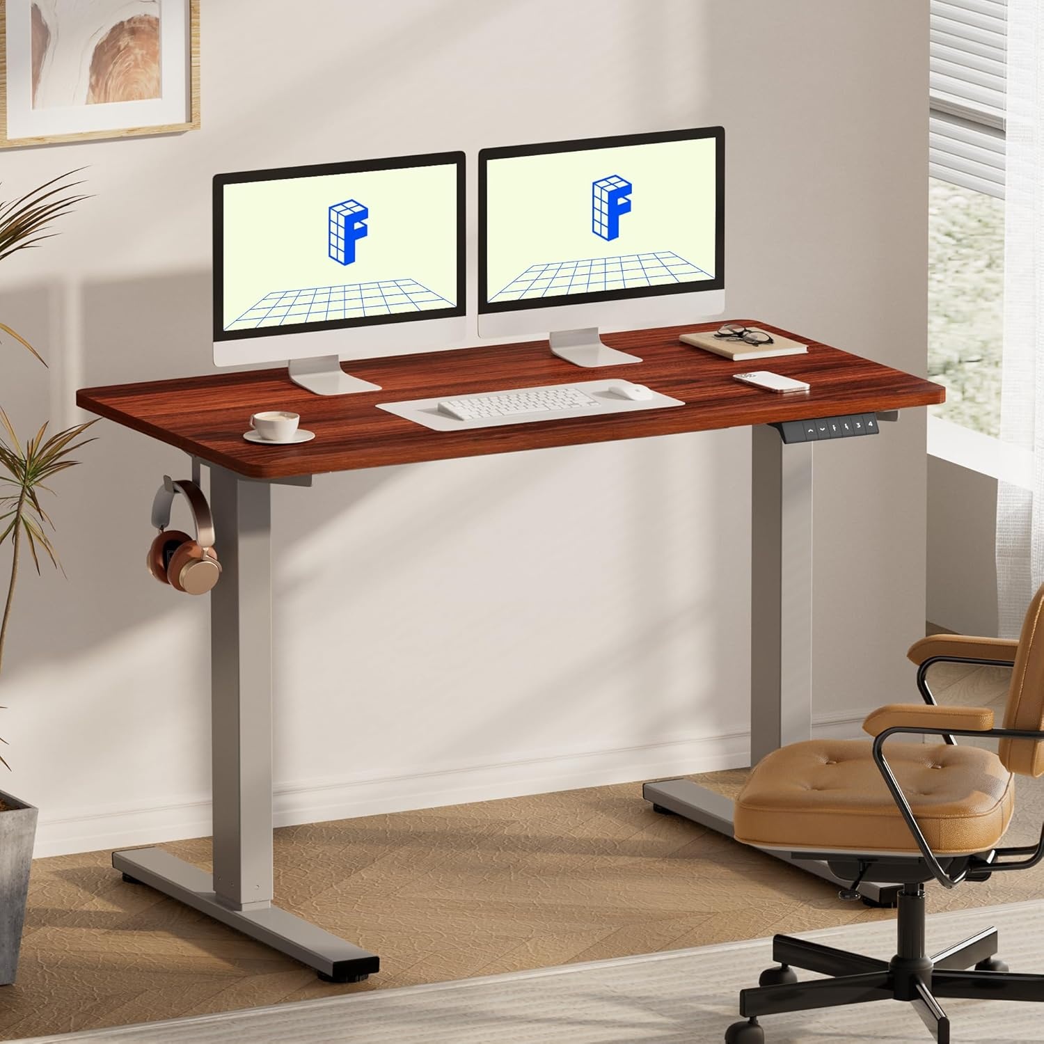 image:imageFLEXISPOT EN1 OnePiece Standing Desk Electric Adjustable with 4 Memory Presets 176 LBS Capacity Stable amp Quiet Seamless Desktop for Home Office amp Dual Monitors 48x24 BlackSilvermahogany