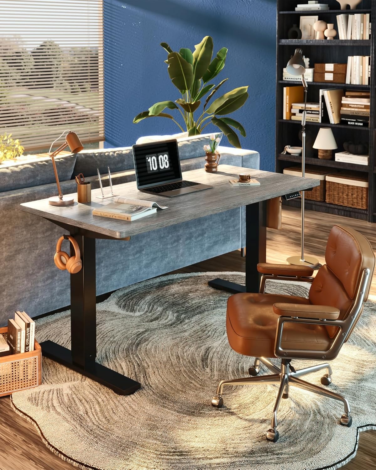 image:imageFLEXISPOT EN1 OnePiece Standing Desk Electric Adjustable with 4 Memory Presets 176 LBS Capacity Stable amp Quiet Seamless Desktop for Home Office amp Dual Monitors 48x24 BlackGray Wood