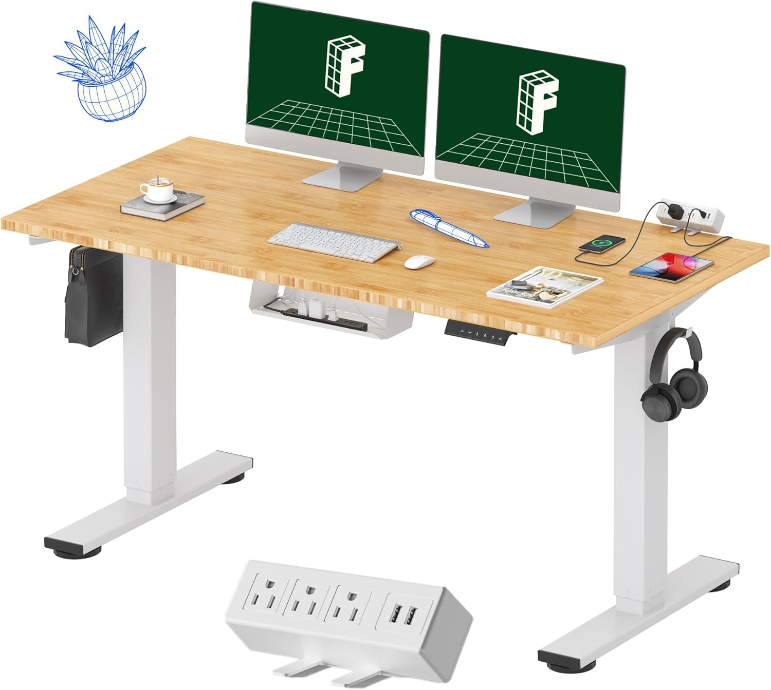 image:imageFLEXISPOT EN2 WholePiece Standing Desk with Clamp Power Strip 55 x 28 Electric Stand Up Height Adjustable Desk with Cable Management White Frame 55 White Top2 PackagesBamboo Top White Frame
