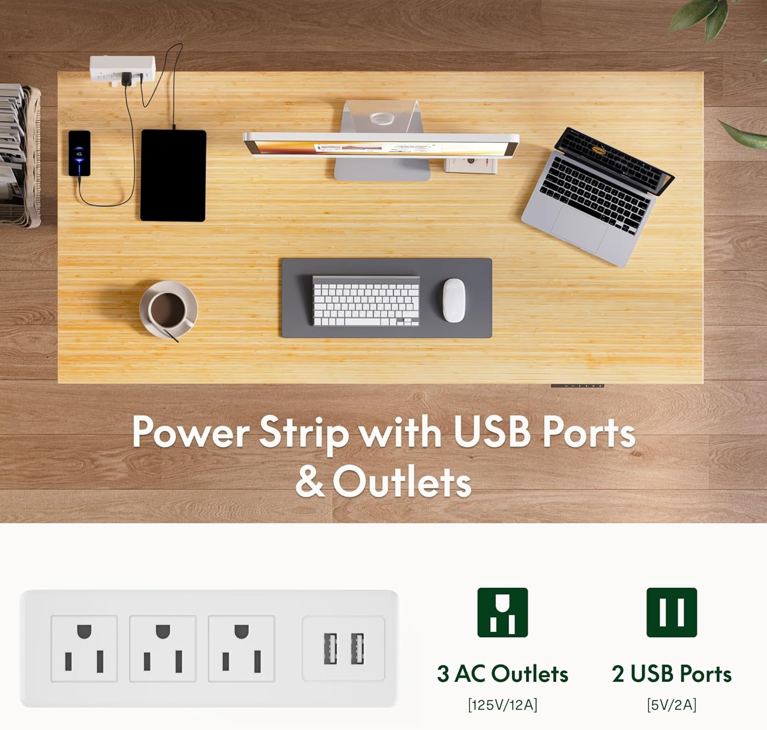 image:imageFLEXISPOT EN2 WholePiece Standing Desk with Clamp Power Strip 55 x 28 Electric Stand Up Height Adjustable Desk with Cable Management White Frame 55 White Top2 PackagesBamboo Top White Frame
