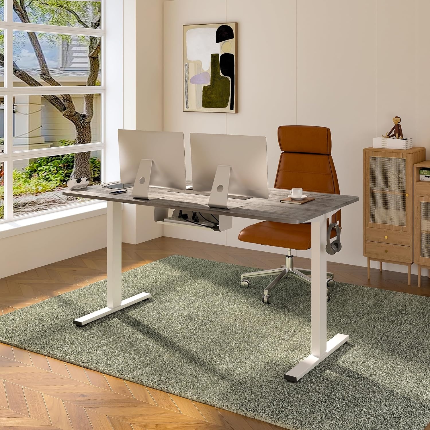 image:imageFLEXISPOT EN2 WholePiece Standing Desk with Clamp Power Strip 55 x 28 Electric Stand Up Height Adjustable Desk with Cable Management White Frame 55 White Top2 PackagesGray Wood Grain White Frame