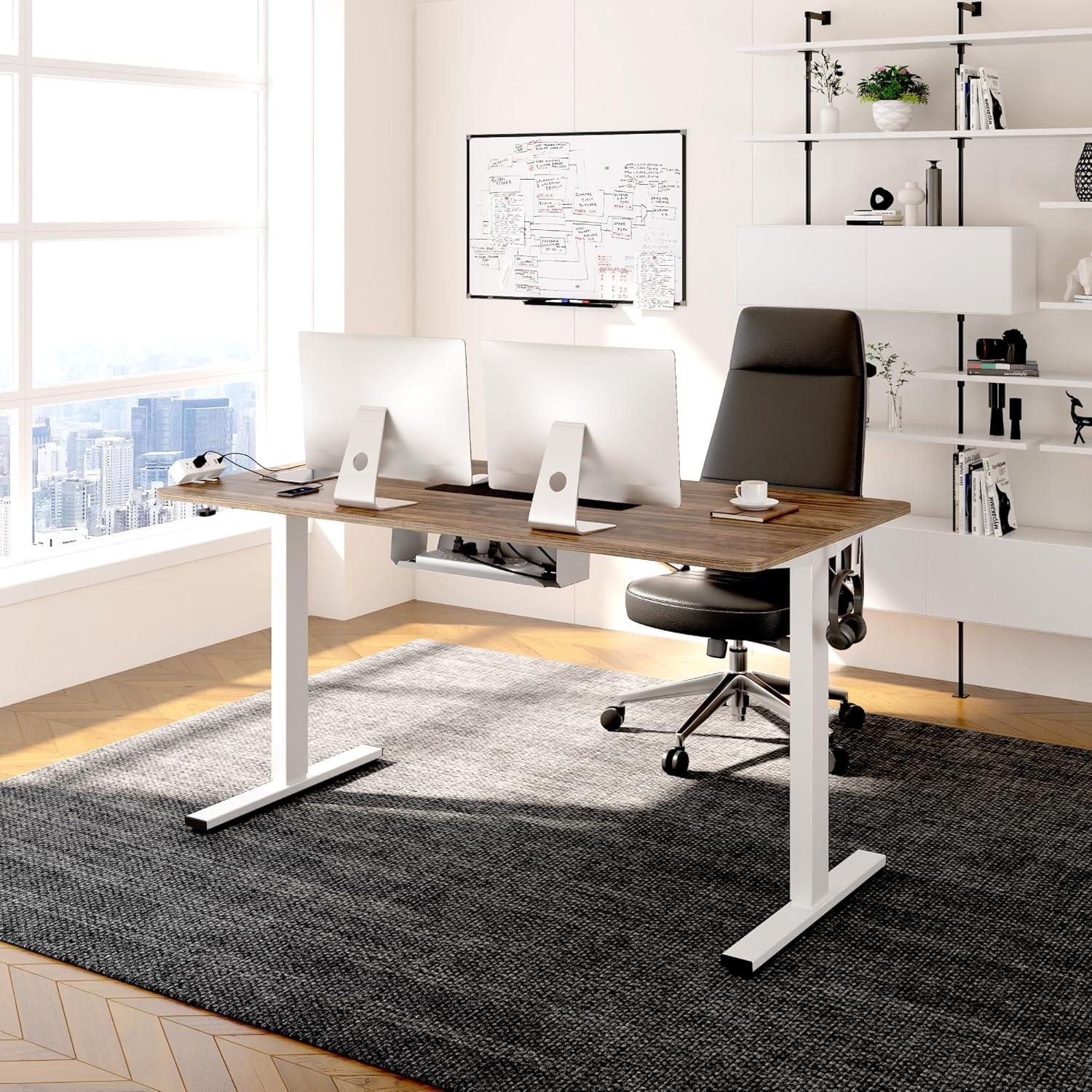 image:imageFLEXISPOT EN2 WholePiece Standing Desk with Clamp Power Strip 55 x 28 Electric Stand Up Height Adjustable Desk with Cable Management White Frame 55 White Top2 PackagesBlack Walnut White Frame