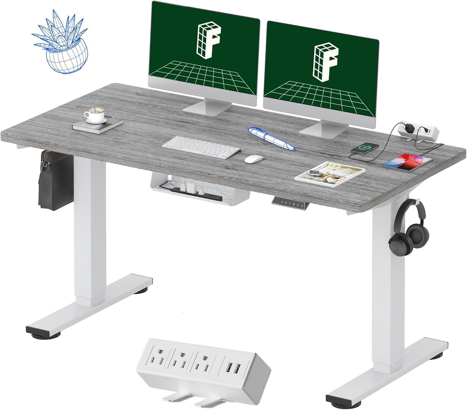 image:imageFLEXISPOT EN2 WholePiece Standing Desk with Clamp Power Strip 55 x 28 Electric Stand Up Height Adjustable Desk with Cable Management White Frame 55 White Top2 PackagesGray Wood Grain White Frame