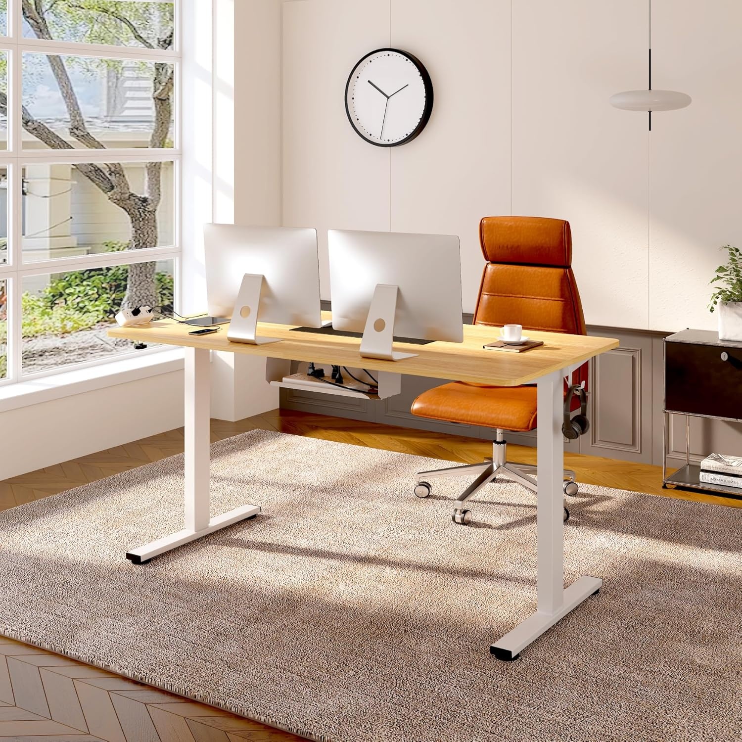 image:imageFLEXISPOT EN2 WholePiece Standing Desk with Clamp Power Strip 55 x 28 Electric Stand Up Height Adjustable Desk with Cable Management White Frame 55 White Top2 PackagesMaple Top White Frame