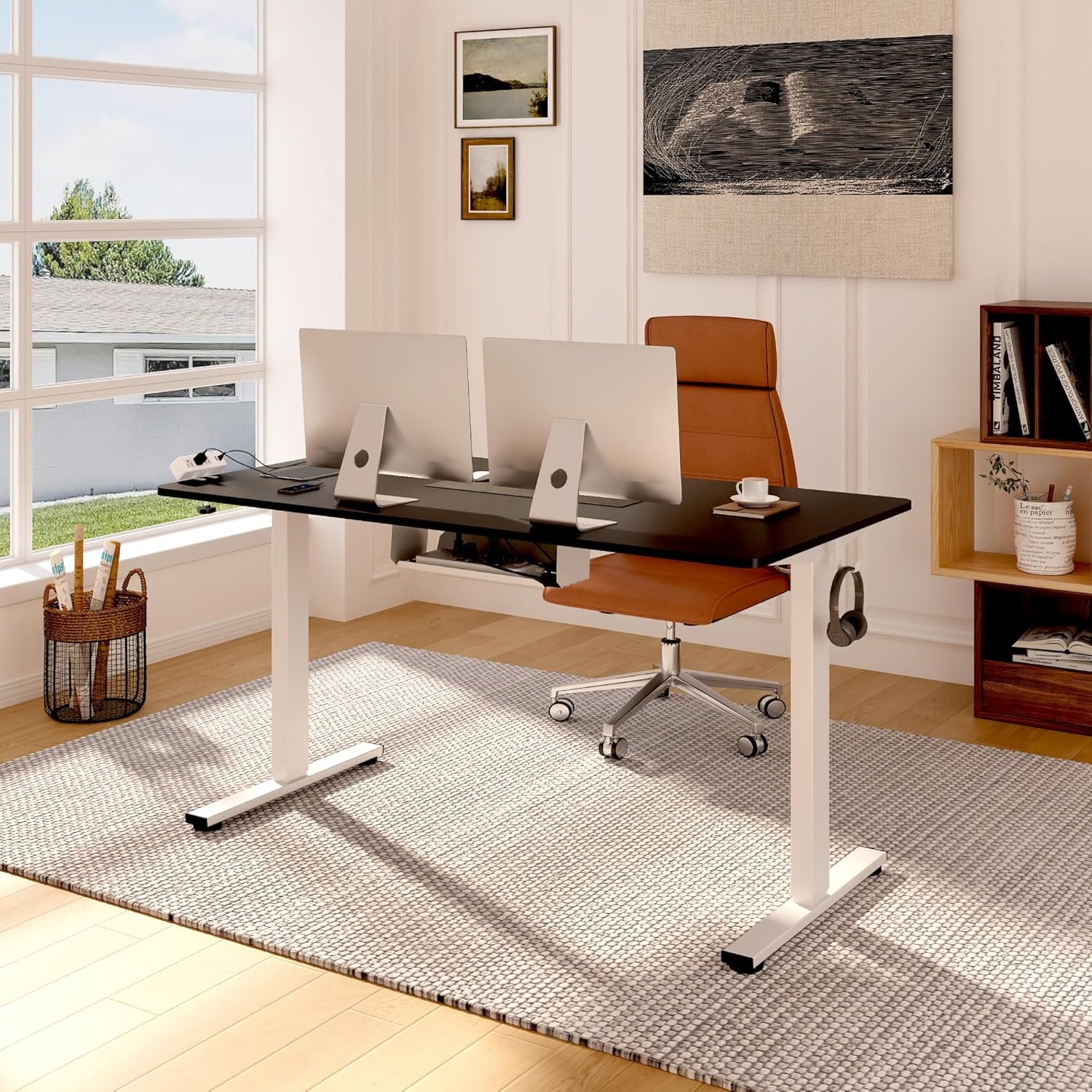 image:imageFLEXISPOT EN2 WholePiece Standing Desk with Clamp Power Strip 55 x 28 Electric Stand Up Height Adjustable Desk with Cable Management White Frame 55 White Top2 PackagesBlack Top White Frame