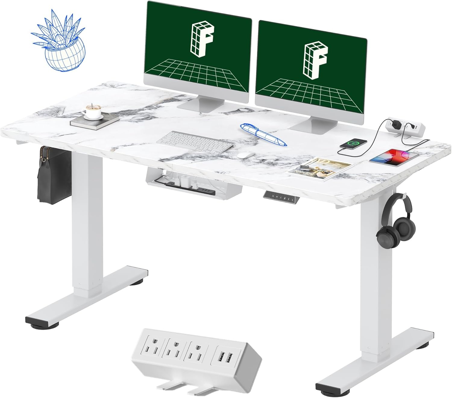 image:imageFLEXISPOT EN2 WholePiece Standing Desk with Clamp Power Strip 55 x 28 Electric Stand Up Height Adjustable Desk with Cable Management White Frame 55 White Top2 PackagesMarble Gray White Frame