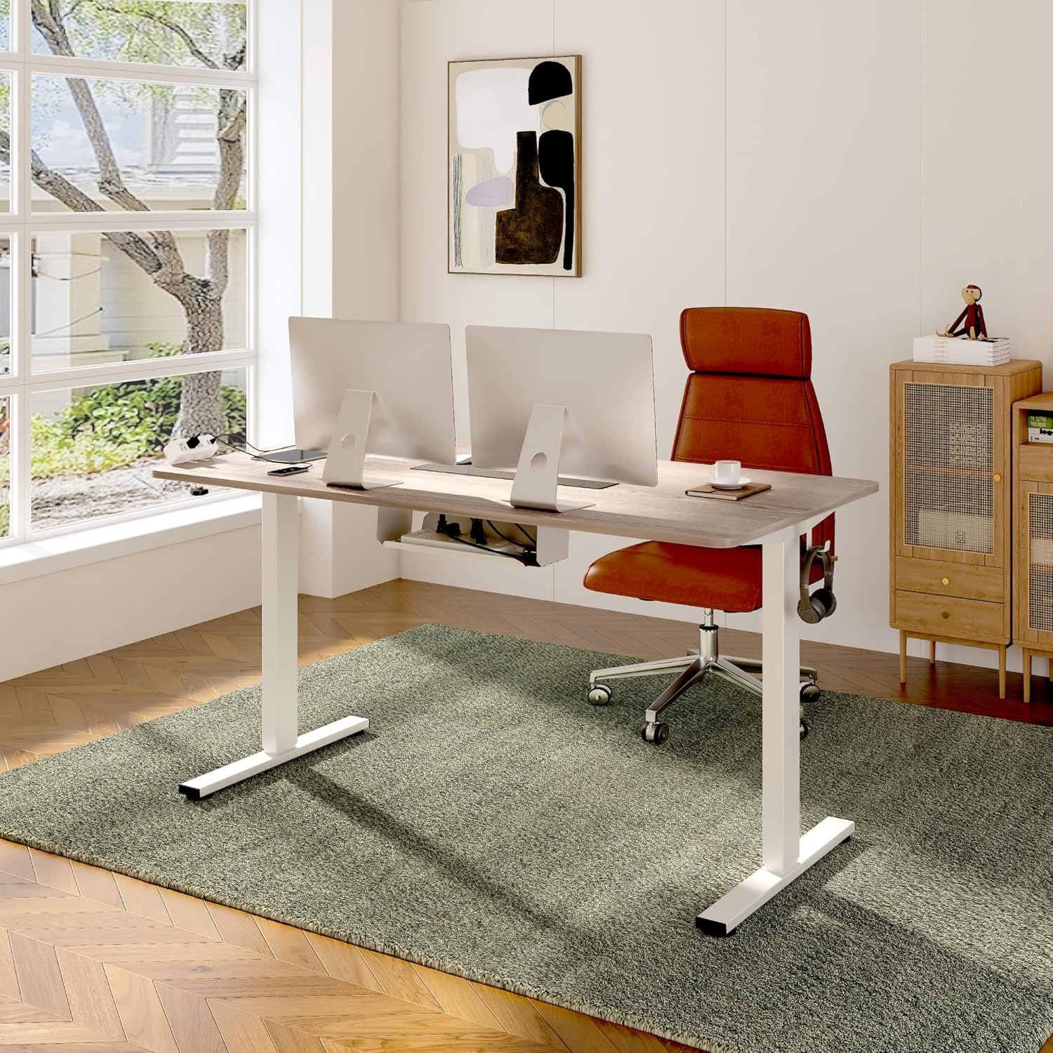 image:imageFLEXISPOT EN2 WholePiece Standing Desk with Clamp Power Strip 55 x 28 Electric Stand Up Height Adjustable Desk with Cable Management White Frame 55 White Top2 PackagesGray Wood Grain White Frame