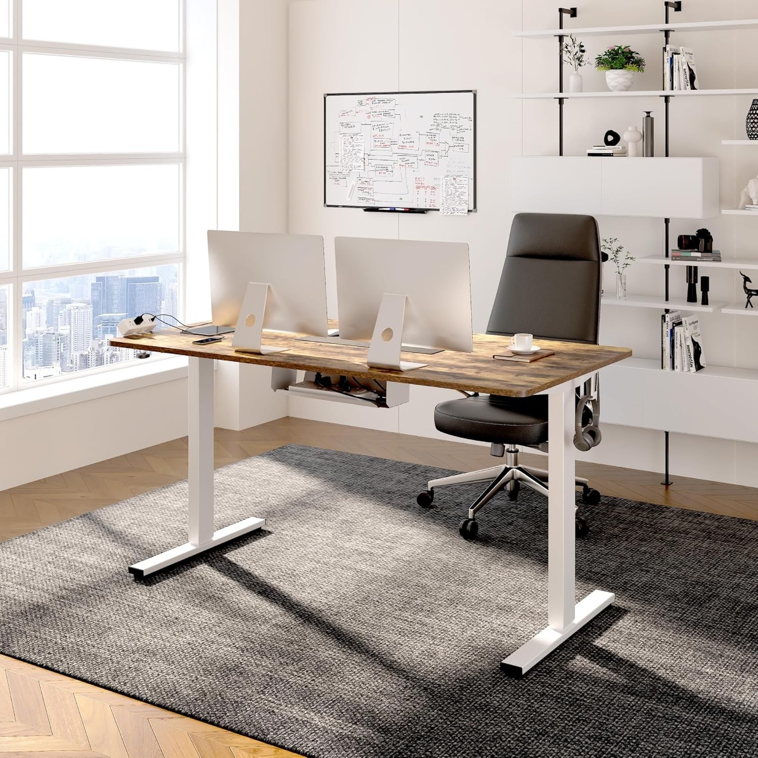 image:imageFLEXISPOT EN2 WholePiece Standing Desk with Clamp Power Strip 55 x 28 Electric Stand Up Height Adjustable Desk with Cable Management White Frame 55 White Top2 PackagesRustic Brown White Frame