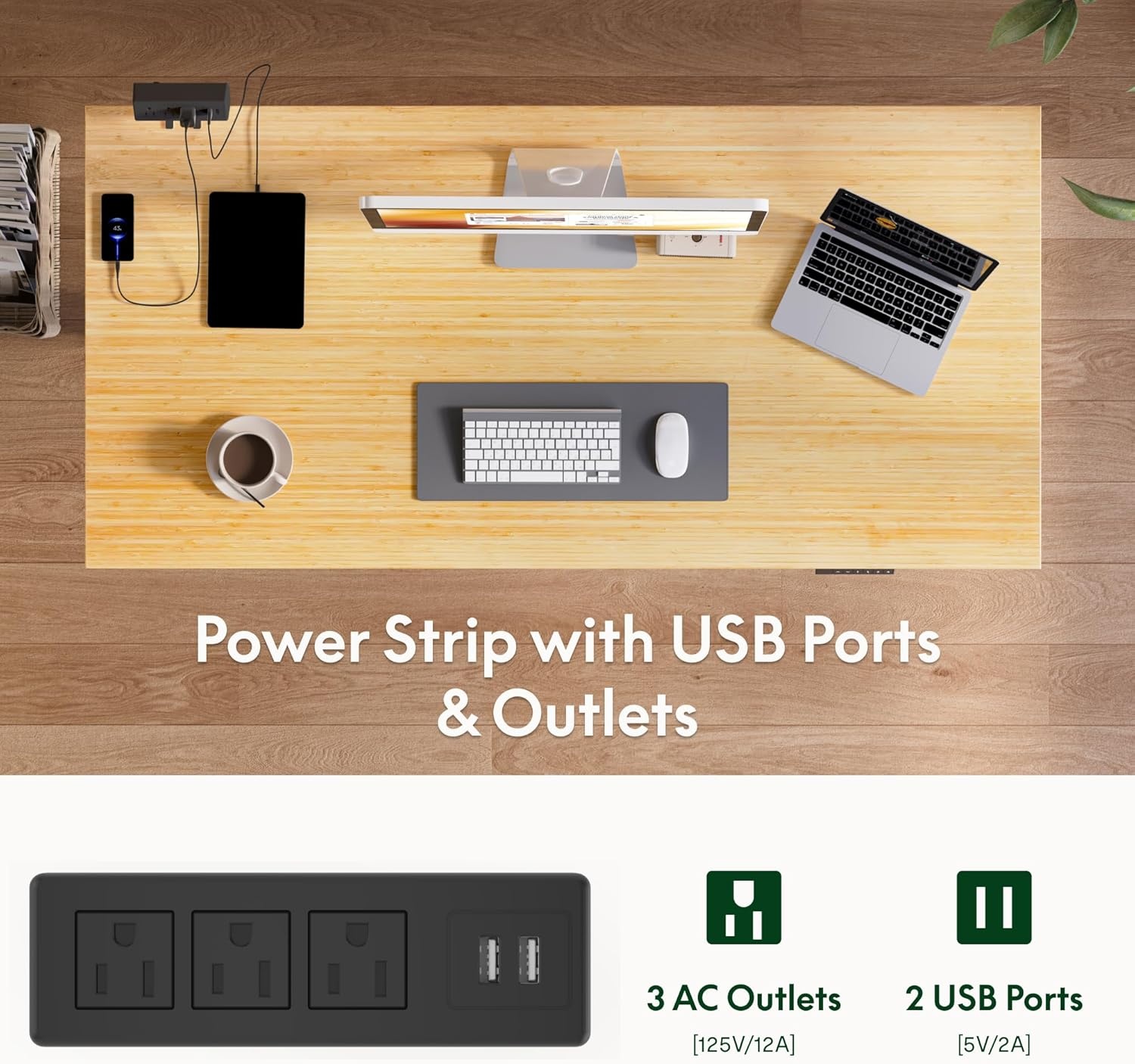 image:imageFLEXISPOT EN2 WholePiece Standing Desk with Clamp Power Strip 55 x 28 Electric Stand Up Height Adjustable Desk with Cable Management White Frame 55 White Top2 PackagesBamboo Top Grey Frame