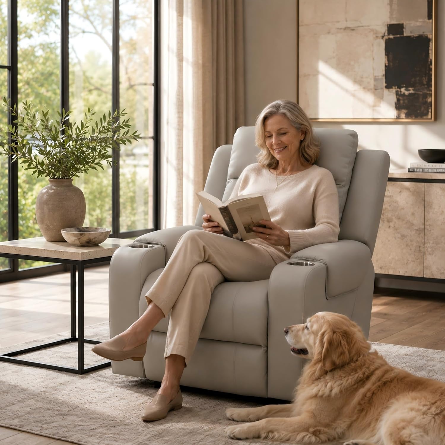 image:imageFLEXISPOT Truffle Genuine Leather Power Recliner w 12 WallHugger Clearance Electric ZeroWall RV Recliner wAdjustable Headrest Massage amp Heat Home Theater Sofa FSCCertified ChocolateBeige