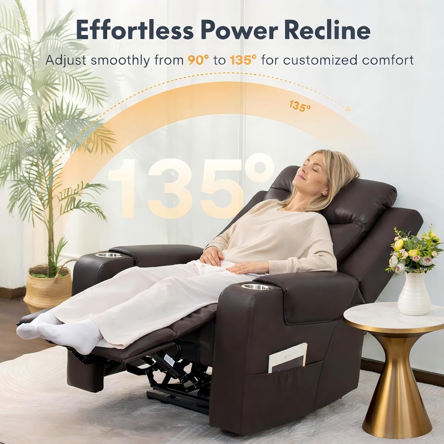 image:imageFLEXISPOT Truffle Genuine Leather Power Recliner w 12 WallHugger Clearance Electric ZeroWall RV Recliner wAdjustable Headrest Massage amp Heat Home Theater Sofa FSCCertified ChocolateChocolate