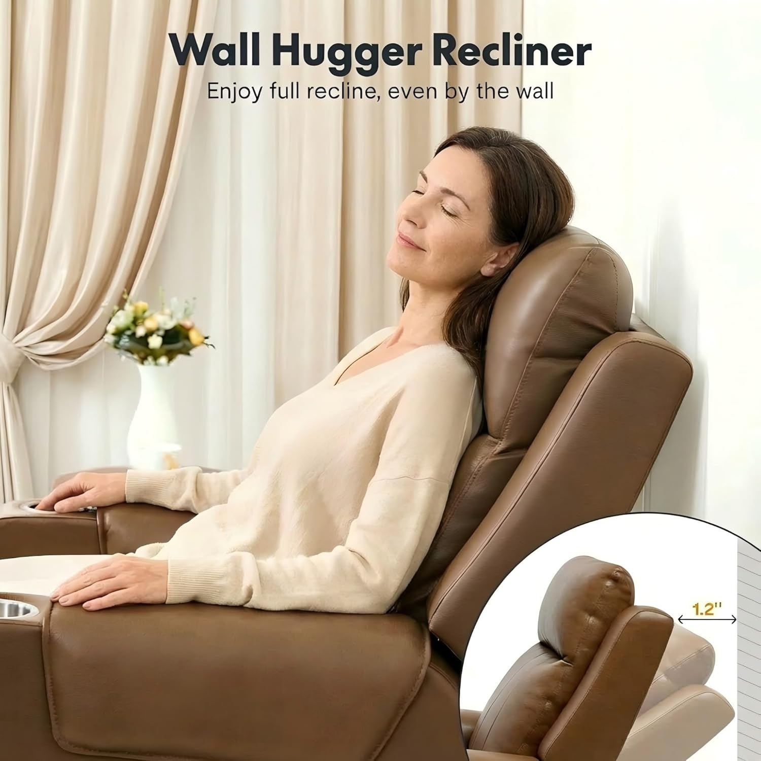 image:imageFLEXISPOT Truffle Genuine Leather Power Recliner w 12 WallHugger Clearance Electric ZeroWall RV Recliner wAdjustable Headrest Massage amp Heat Home Theater Sofa FSCCertified ChocolateLight Brown