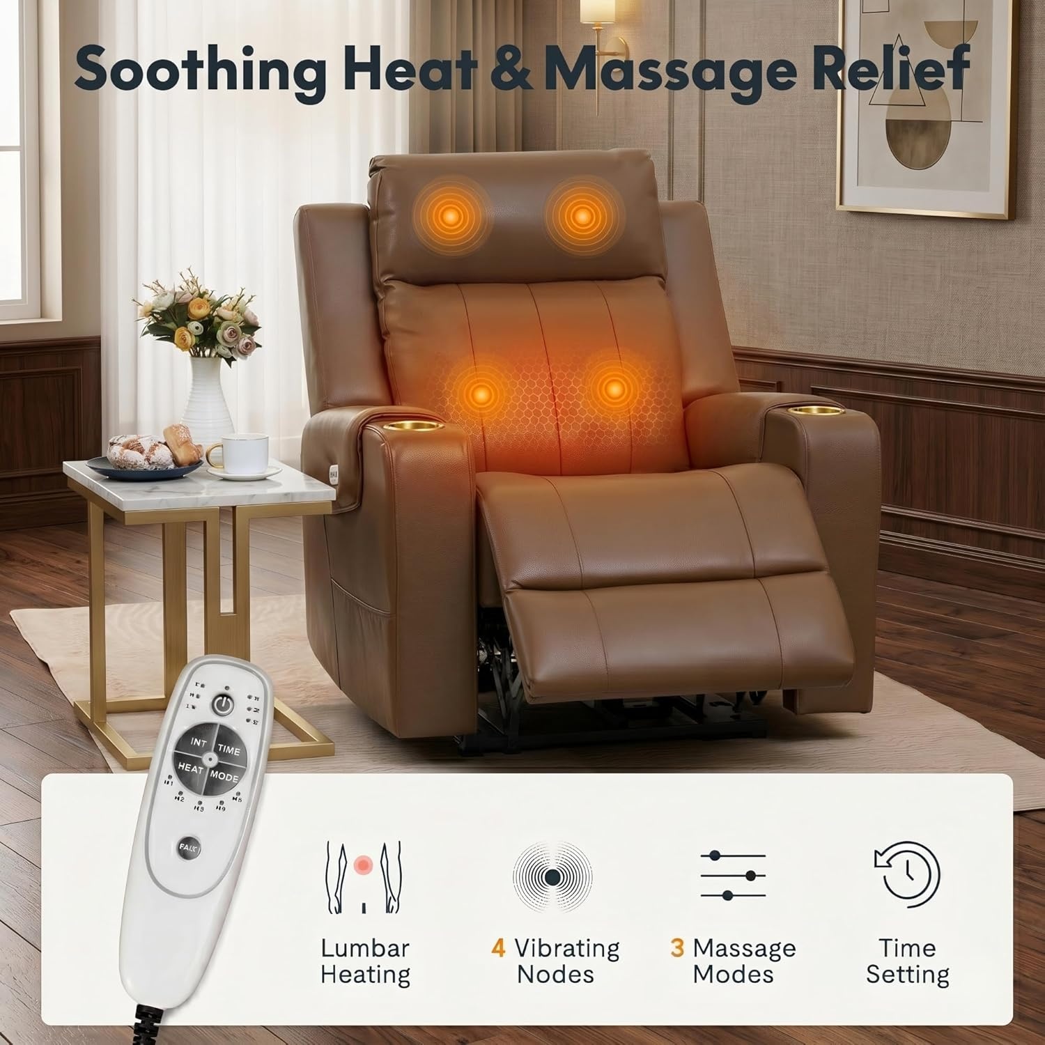 image:imageFLEXISPOT Truffle Genuine Leather Power Recliner w 12 WallHugger Clearance Electric ZeroWall RV Recliner wAdjustable Headrest Massage amp Heat Home Theater Sofa FSCCertified ChocolateLight Brown