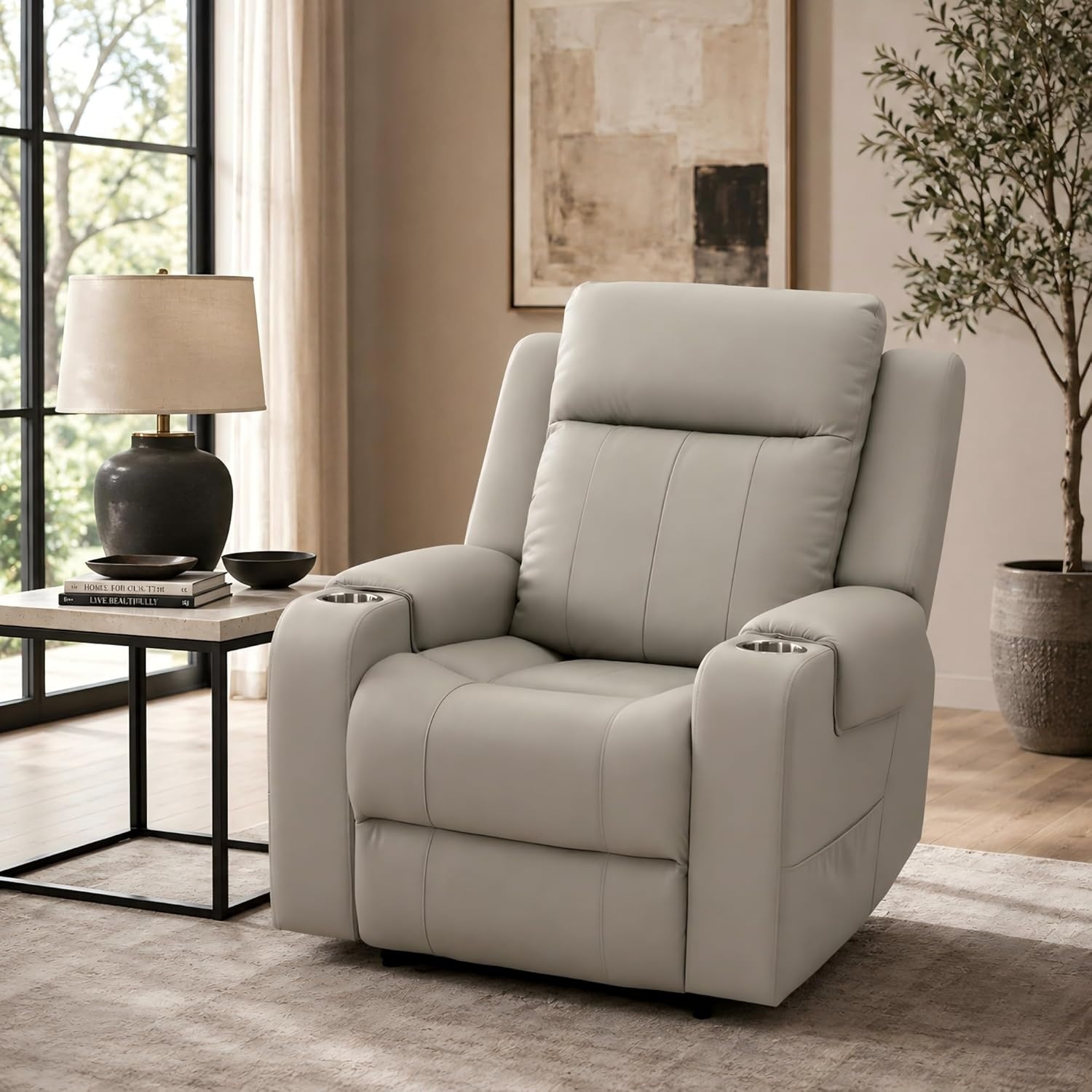 image:imageFLEXISPOT Truffle Genuine Leather Power Recliner w 12 WallHugger Clearance Electric ZeroWall RV Recliner wAdjustable Headrest Massage amp Heat Home Theater Sofa FSCCertified ChocolateBeige