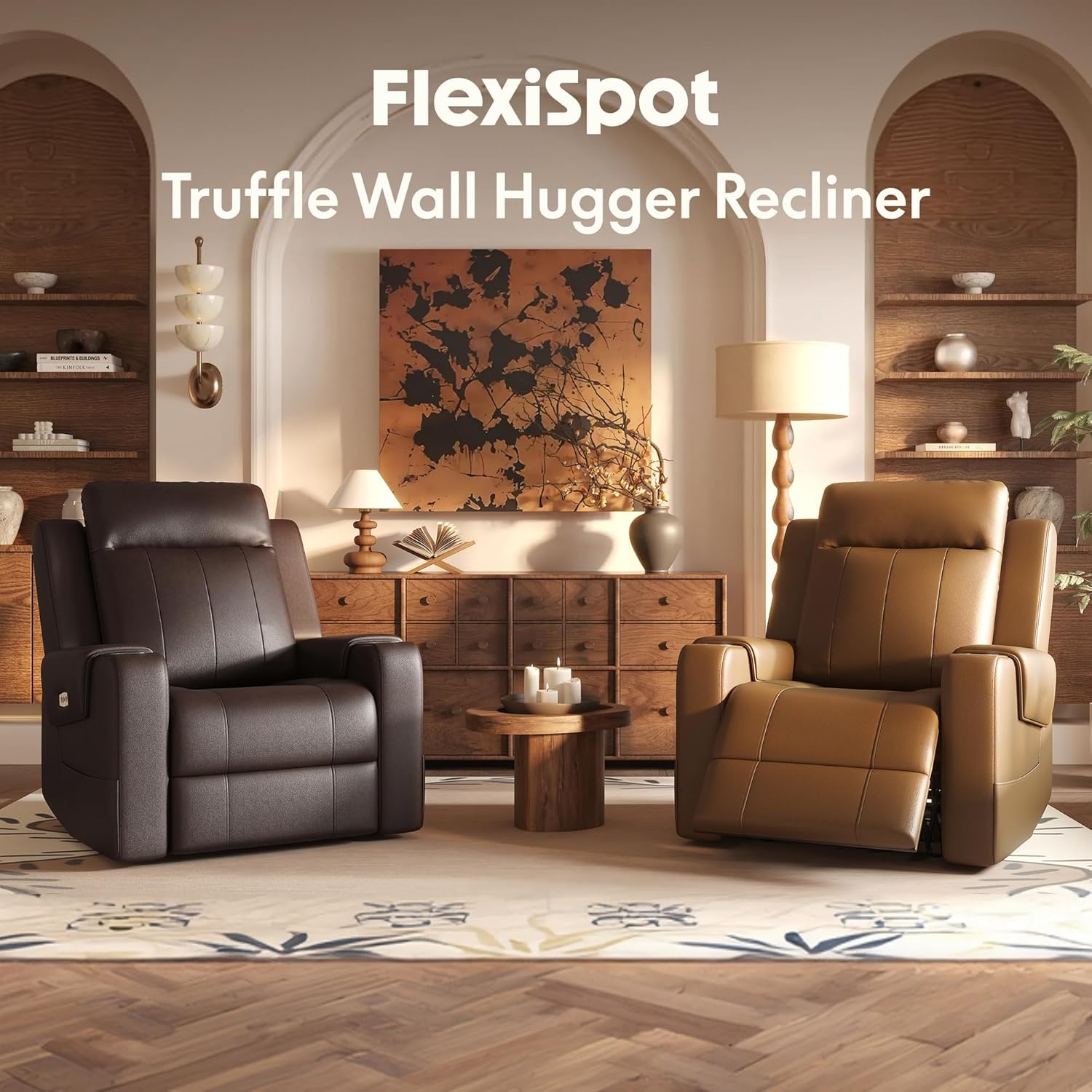 image:imageFLEXISPOT Truffle Genuine Leather Power Recliner w 12 WallHugger Clearance Electric ZeroWall RV Recliner wAdjustable Headrest Massage amp Heat Home Theater Sofa FSCCertified ChocolateLight Brown